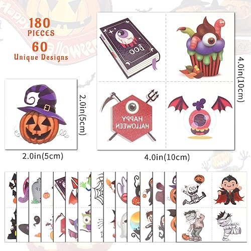 Miniatura 5 de 180 tatuajes temporales de Halloween para niños, 60 diseños impermeables de tatuajes, suministros de regalo de truco o trato para niñas y niños