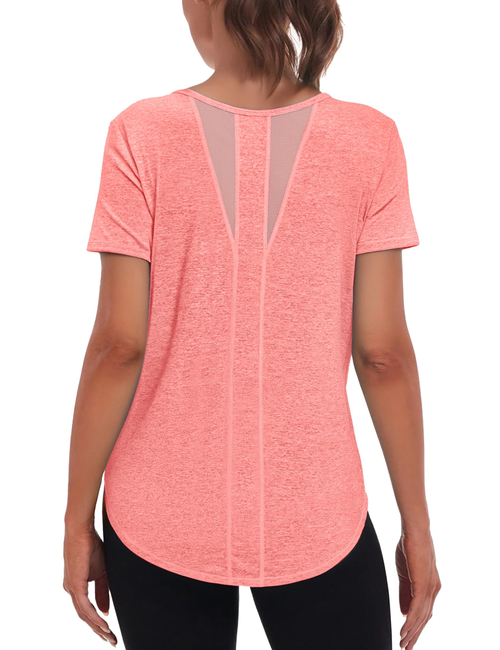 Camiseta Deportiva Mujer Manga Corta Cuello Redondo Secado Rápido Top de Malla Transpirable para Yoga Fitness Correr Pilates S-XXL