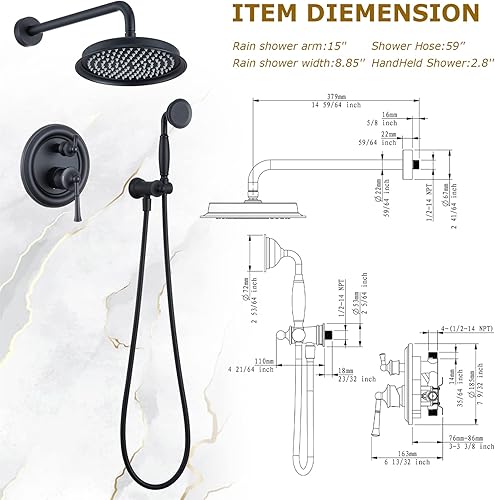 Miniatura 3 de Kit de molduras de sistema de ducha, color negro mate, modo de ducha 2 en 1, válvula de presión de equilibrio rugosa incluida, cabezal de ducha