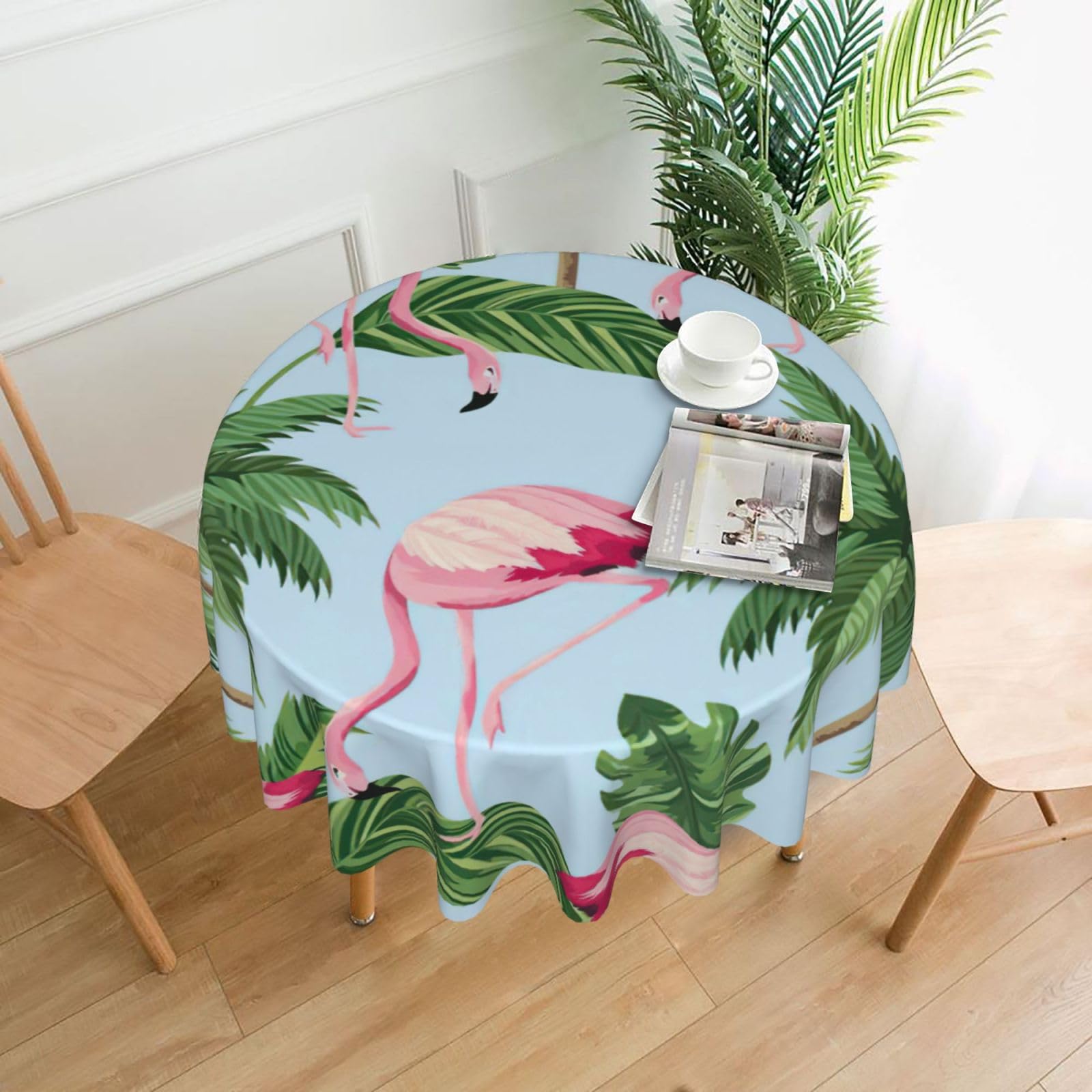 Uusnwaa Tropical Flamingos Print Round Tablecloth 60 Inch, Stain Wrinkle Resistant Washable Polyester Table Cover For Kitchen Party
