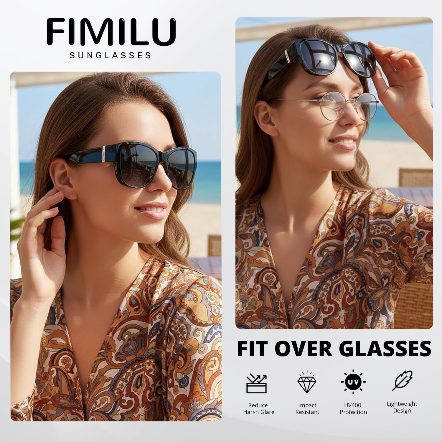 FIMILU 2PCS Polarized Sunglasses Fit Over Glasses for Women, Round Sunglasses for Driving & Outdoor UV400 Protection