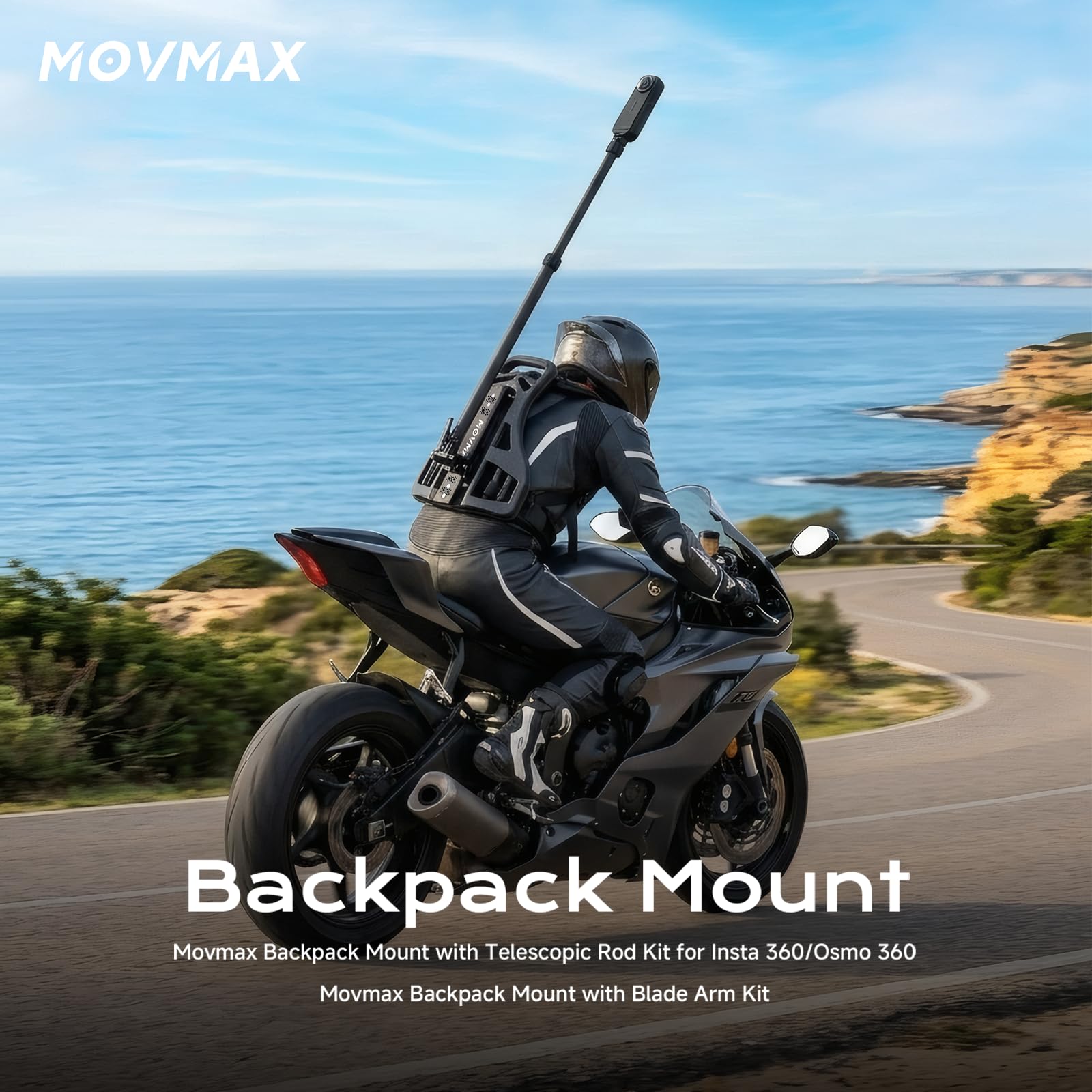 Movmax Kit de support de caméra pour sac à dos pour appareil photo Insta360 X5/X4/X3/X2 et DJI Osmo 360, perche télescopique en fibre de carbone de 40,6 à 101,6 cm, support de sac à dos réglable en
