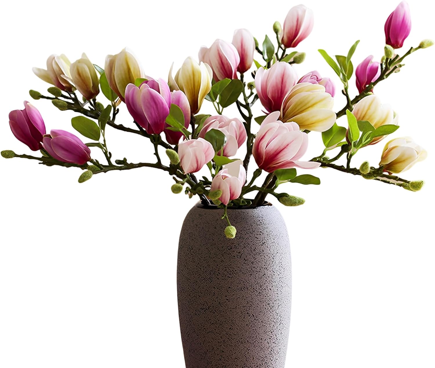 Artificial Magnolia Flowers, 26.5 Inch Fake Branches with Bendable Stem for Home Office Hotel Decor (6, 2Pink+2Purple+2Green)