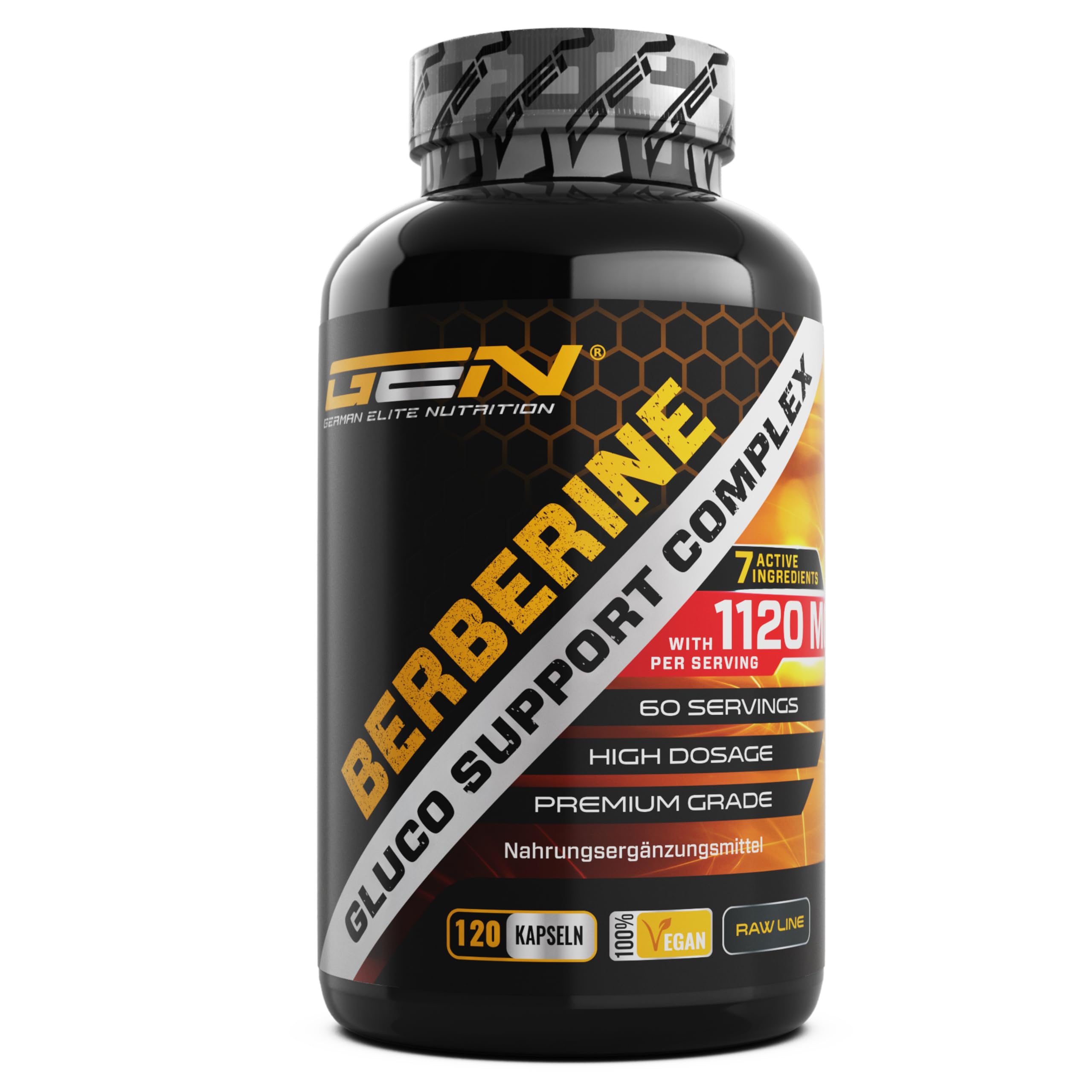 Complesso di Berberina HCL - Dosaggio Elevato con 1120 mg per Dose Giornaliera - Formula GDA con 7 principi attivi - 120 Capsule - Vegan