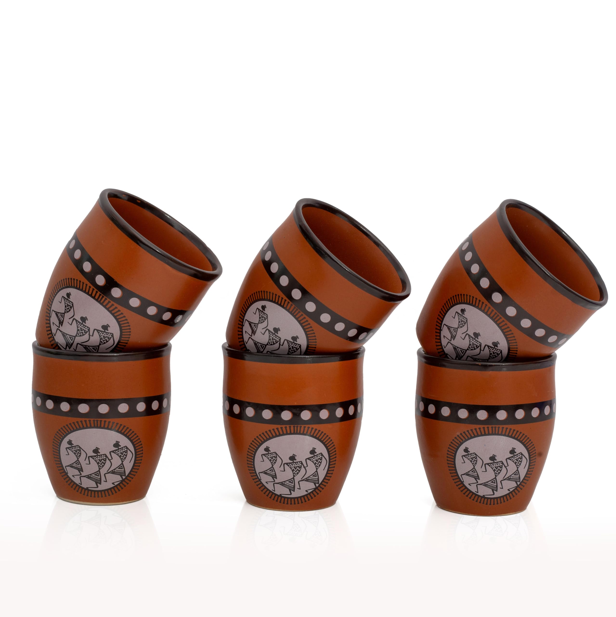 Handmade Traditional Kulhar Kulhad Chai Tea Coffee Mug Cup Cantaritos Set of 6 Glazed Earthenware Glossy Finish Clay Terracotta Artisanal Studio Pottery Mud Brown Food Safe Natural Rustic Eco-Friendly