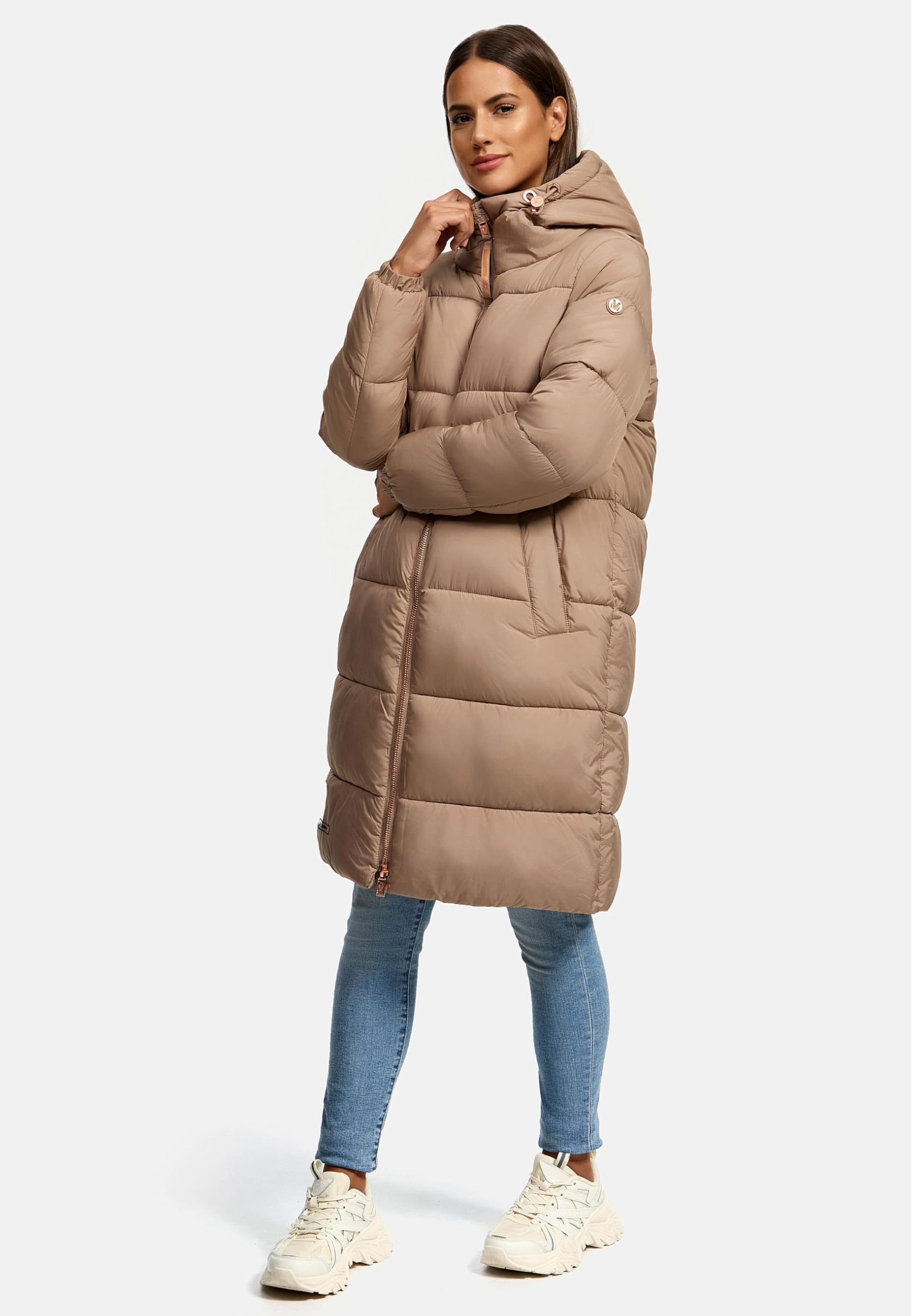 MARIKOO Damen Wintermantel warmer Steppmantel mit Kapuze und hochwertigen roséfarbenen Details und Kapuze Nomadiaa 16 S-3XL