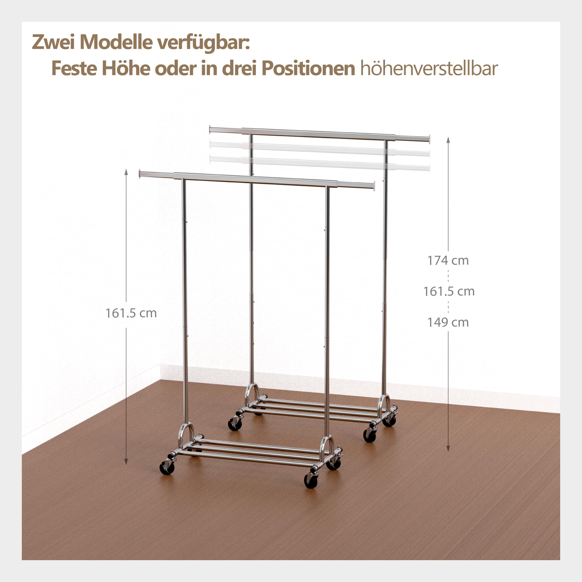PORTENTUM Kleiderständer stabil aus Stahl höhenverstellbar mit Rollen und Bremsen – Höhenverstellbar zwischen 149 und 174 cm – Bis 180 kg Traglast – Kleiderstange rollen Stahl 45 x (92–132) cm Breite