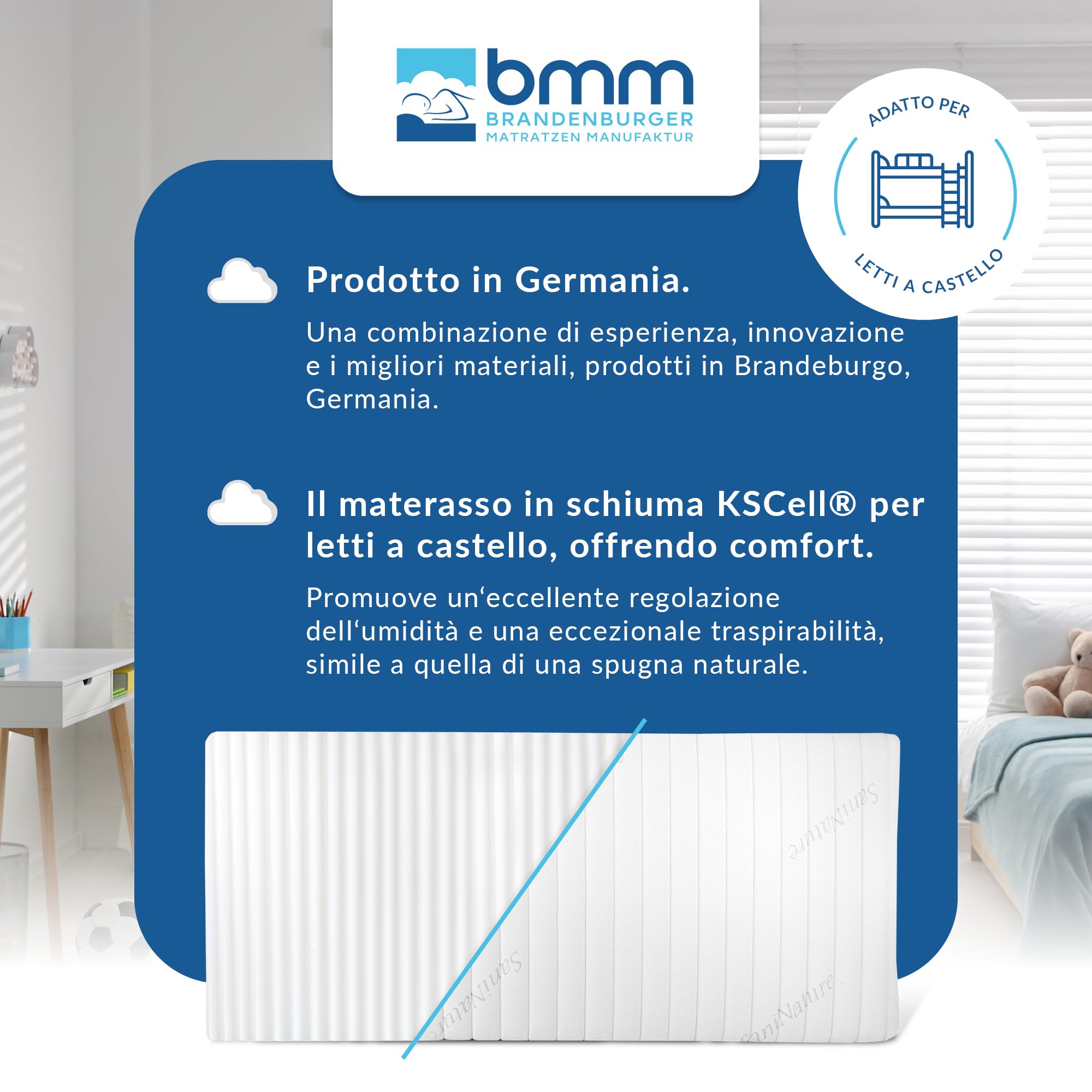 BMM Upmat materasso per bambini 140x200 cm per letti a castello, materasso in schiuma fredda certificato Öko-Tex, adatto a tutti i comuni letti a castello, materassi prodotti in Germania