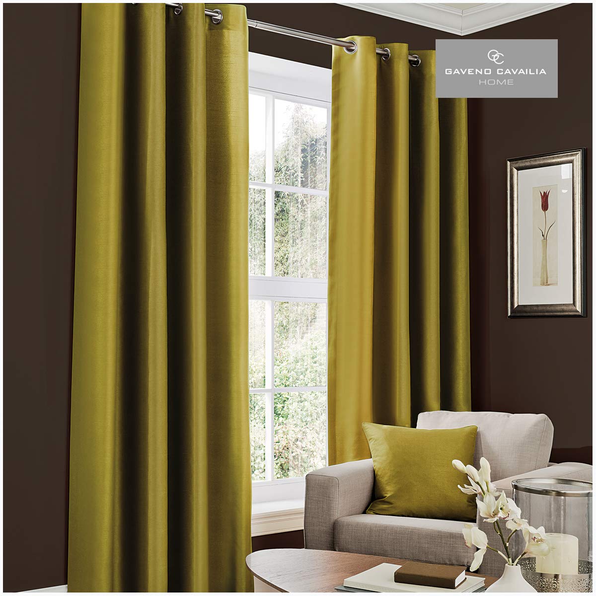 GC GAVENO CAVAILIA Faux Silk (Eyelet) Curtains, Moss Green, 90x108 Inch()