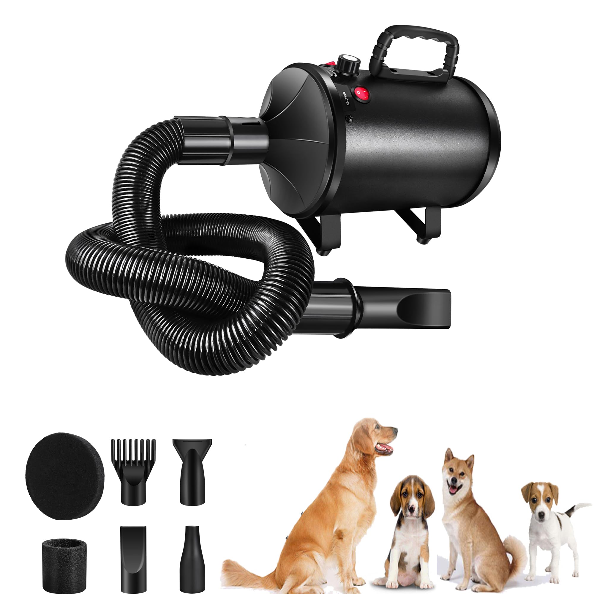 Hundefön Hundetrockner, 2800W Haartrockner Blower hundefön Einstellbare Geschwindigkeit, Hundefön sehr leise Pet Dryer Haustier Hundepflege -Trockner-Gebläse mit 4 Düsen und Schlauch
