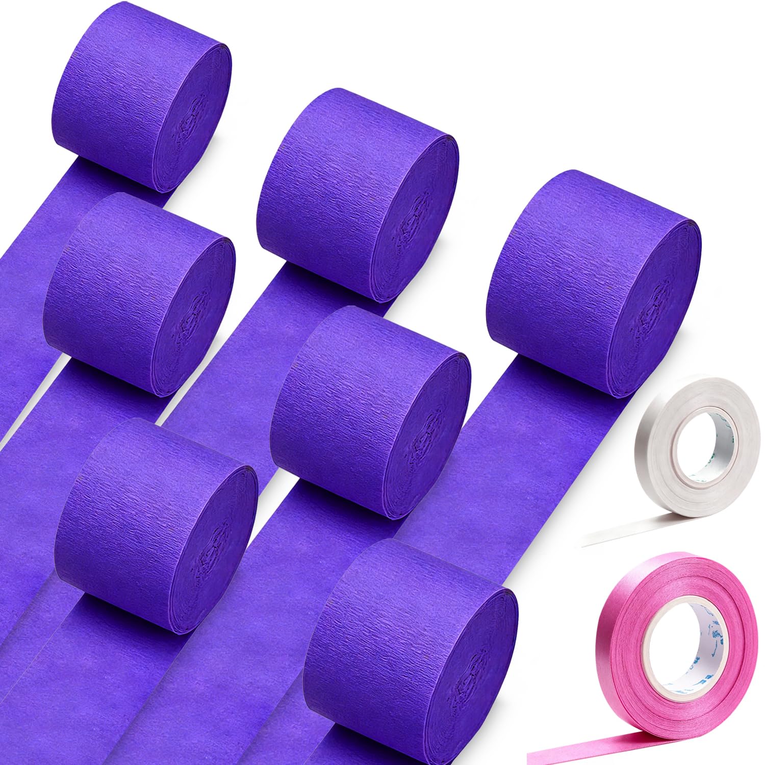 Crepe Paper Streamer Rolls, 7 Rolls Paper Streamers Included Double-Sided Tape+Satin Ribbonsfor Birthday Wedding Backdrop Holiday Party Decorations (Purple)