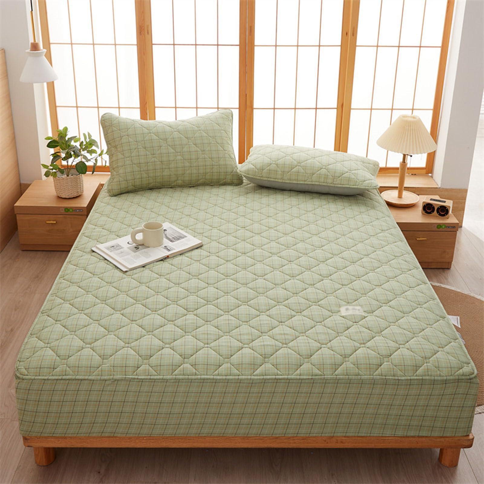 Drap-housse matelassé en coton lavé 90x200 cm avec ses deux taies d'oreiller assorties