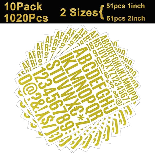 Miniatura 3 de 10 hojas de calcomanías de letras de papel de aluminio dorado, 1020 piezas de letras de vinilo autoadhesivas de varios tamaños para decoración de