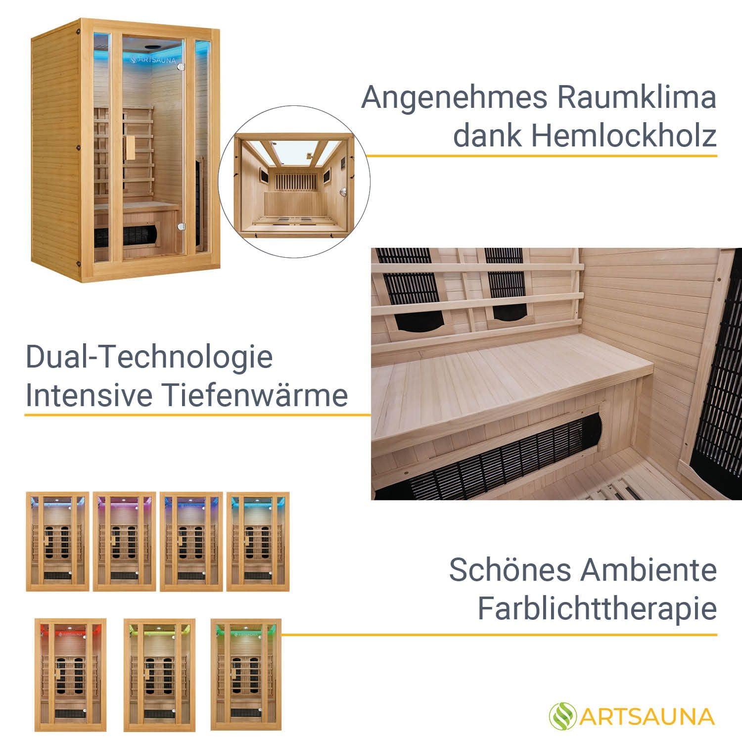 Artsauna Infrarotkabine Nyborg S120K Keramikstrahler & Hemlockholz, 2 Personen, 120 x 105 x 190 cm, LED Farblicht & Glastür, Infrarotsauna Sauna