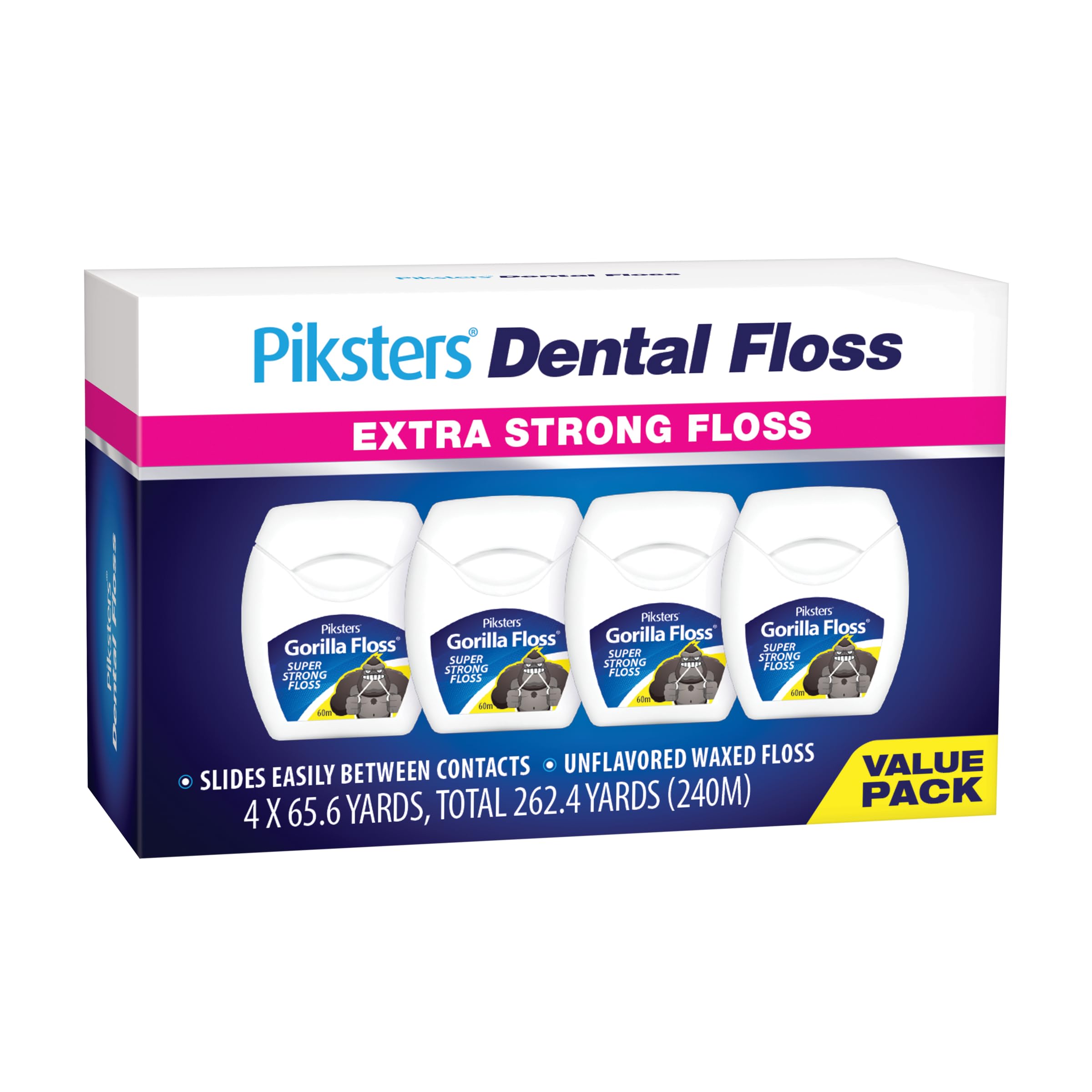 Piksters Dental Floss, 4 Pack (262.4 Yds), Extra Strong Dental Floss, Plaque Remover for Teeth, Shred Resistant, Smooth Gliding, Waxed, Deep Cleaning