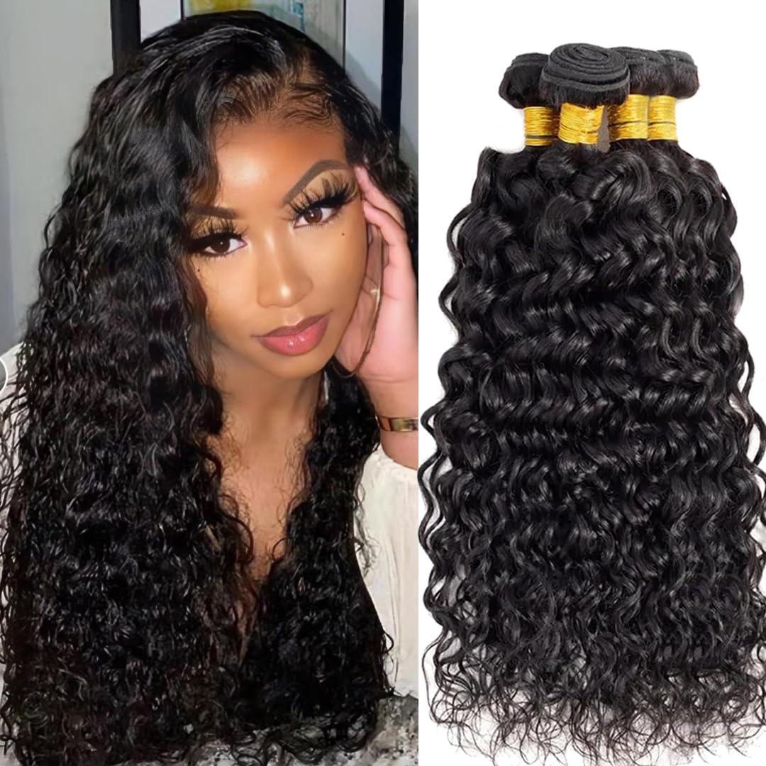 Water Wave Bundles Human Hair 16 18 20 22 Inch Curly Human Hair Bundles 4 Bundles 100% Unprocessed 12A Brazilian Virgin Hair Natural Color for Black Women