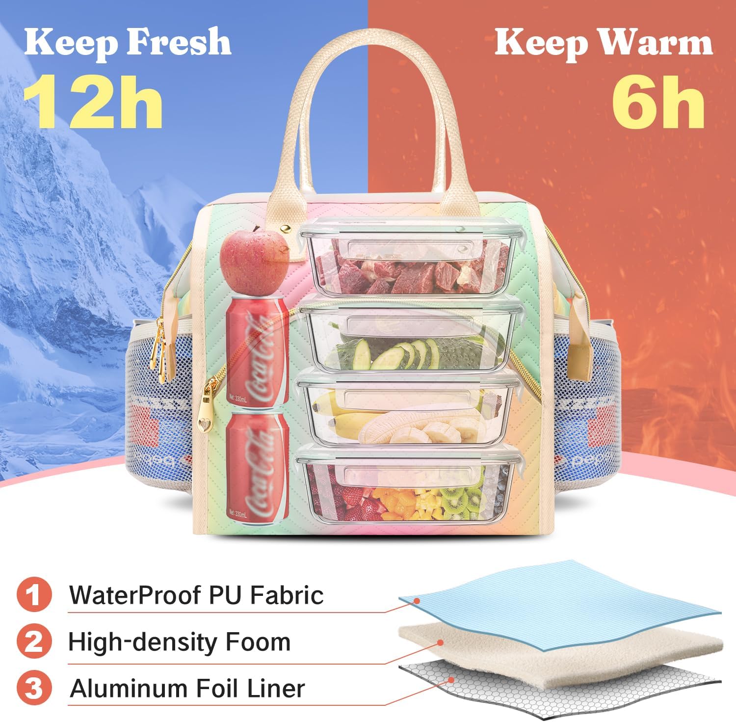 Lunch Bag Women Insulated Lunch Box Wide-Open Lunch Tote Bag Large Drinks Holder Durable Nylon Thermal Snacks Organizer for Men Adults Work Picnic Hiking Beach Fishing, Black Wavy - Image 6