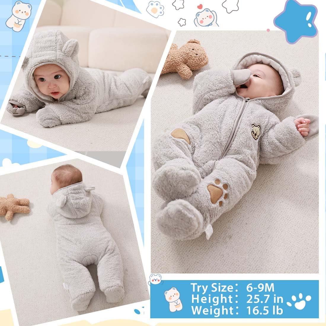 Fairy Baby Newborn Baby Snowsuit Bear Outfit Footie Romper Winter Thick Fleece Jumpsuit Infant Coat for Girls Boys 0-12M - Image 6