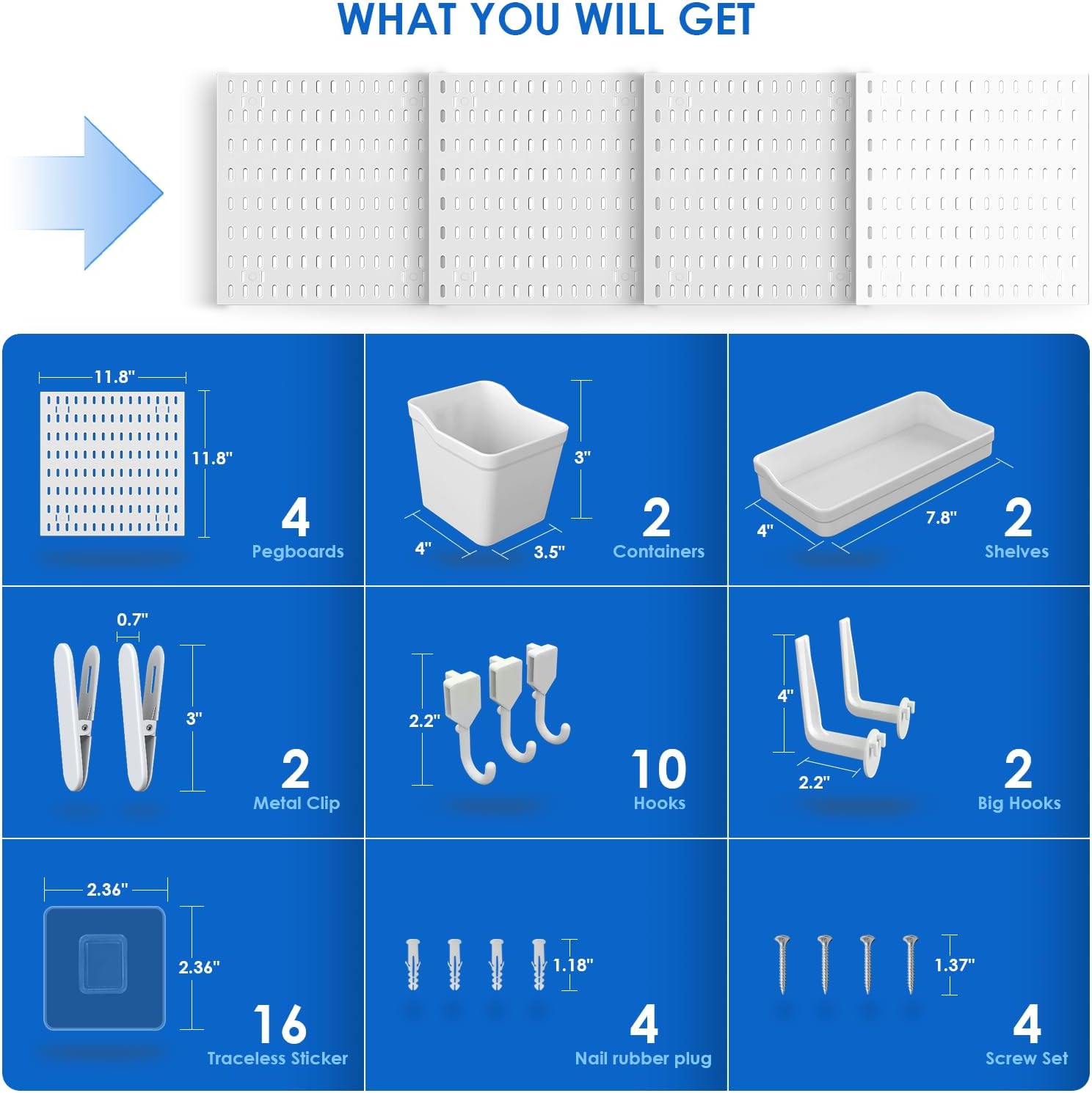 Peg Board, Pegboard Kit Wall Organizer Panels, White Pegboard Wall Organizer with Bins Hooks Shelves for Home, Craft Room, Garage Tool Storage, Kitchen, Workshop, Tool Organization