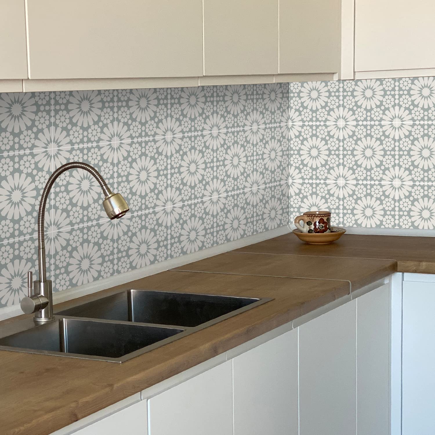 Tile Stickers Beige Geometric Flower Bathroom PVC Self Adhesive Tiles Stick on Kitchen Wall Peel and Floor 20x20cm/24 pcs