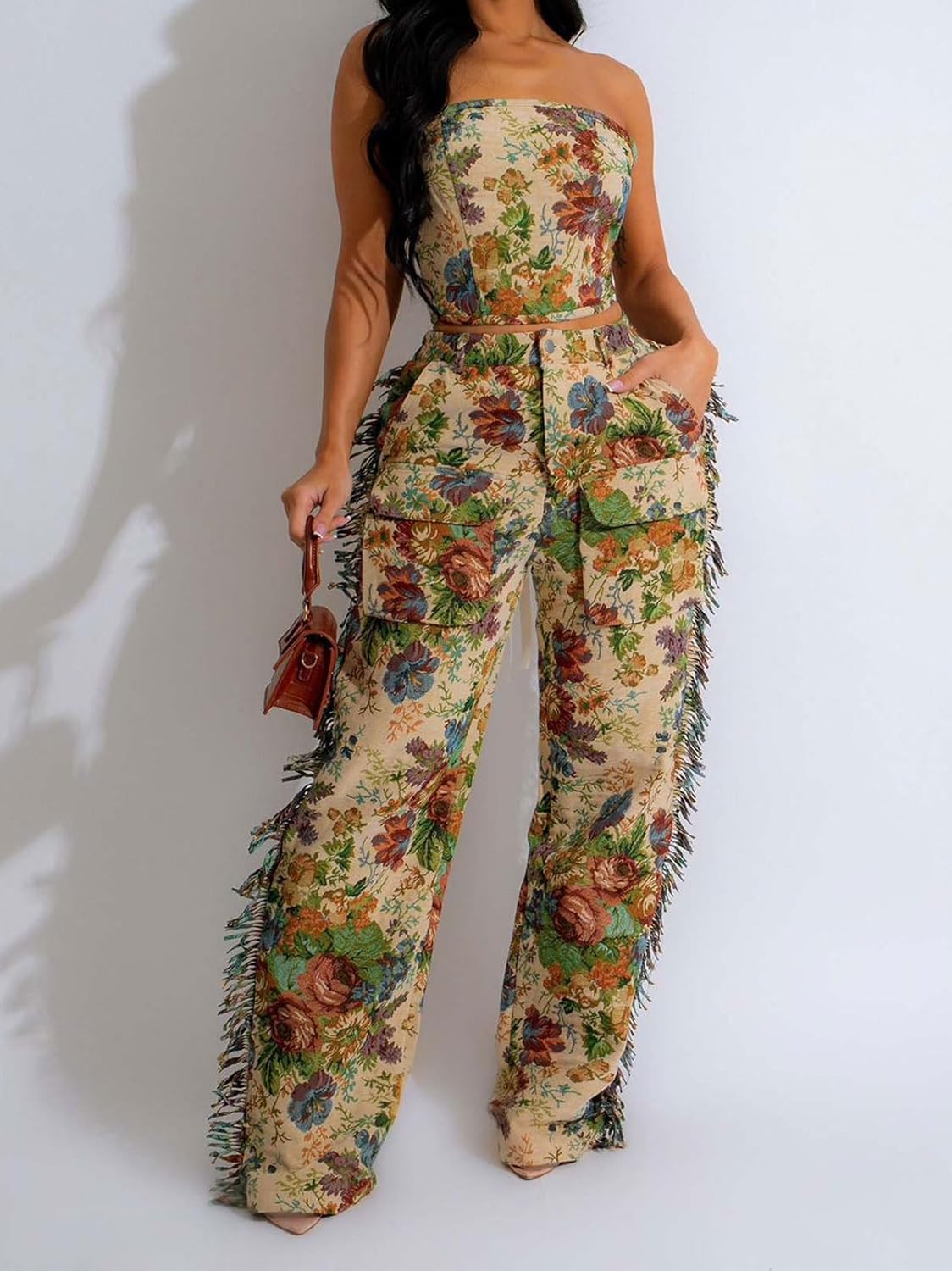 KANSOON Womens 2 Piece Outfits Summer Printed Lace Up Bandeau Tube Crop Top Tassels High Waist Pants Sets Beige XL - Image 7