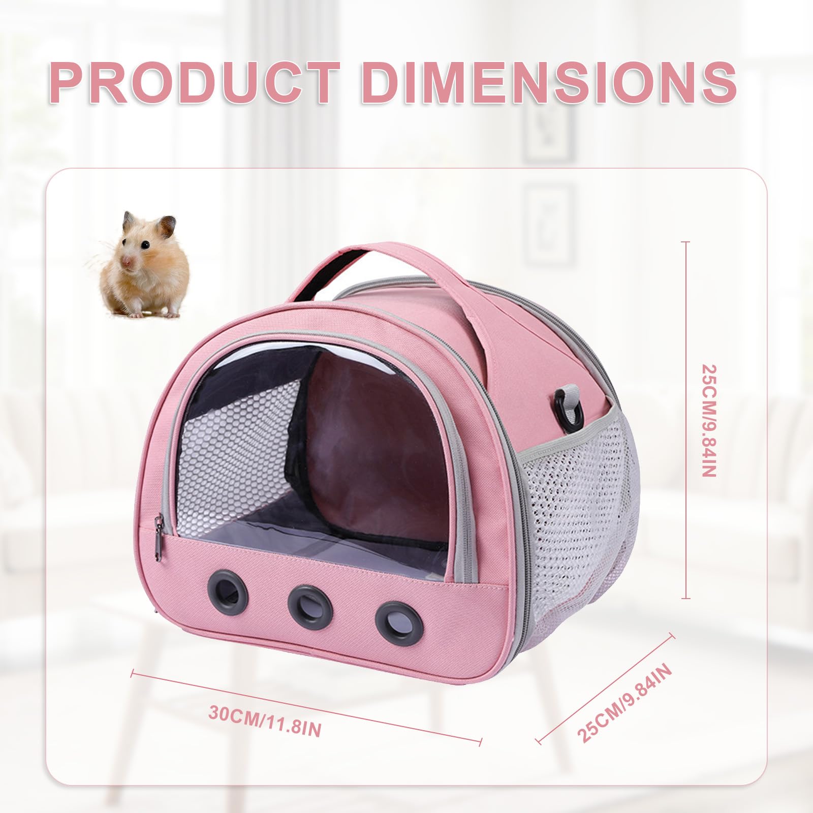 Sac de Transport Petit Animal, Cage de Voyage Pliable avec Fenêtre PVC et Grille Aérée, Bandoulière Réglable pour Hamster, Cochon d'Inde, Oiseau, Rongeur(30x25x25cm)
