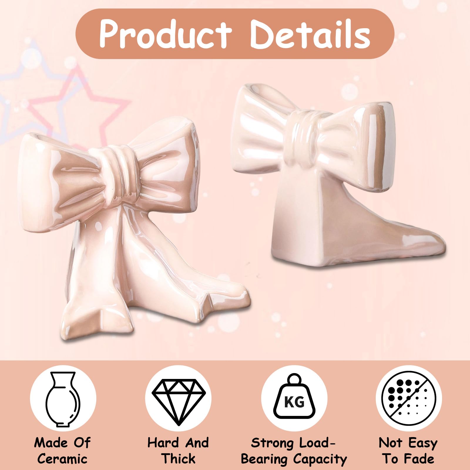 Fermalibri con fiocco rosa, fermalibri da ragazza per scaffali con base antiscivolo stabile, fermalibri rosa per mensole casa, ufficio e studio, fermalibri in ceramica per libri pesanti, regalo per