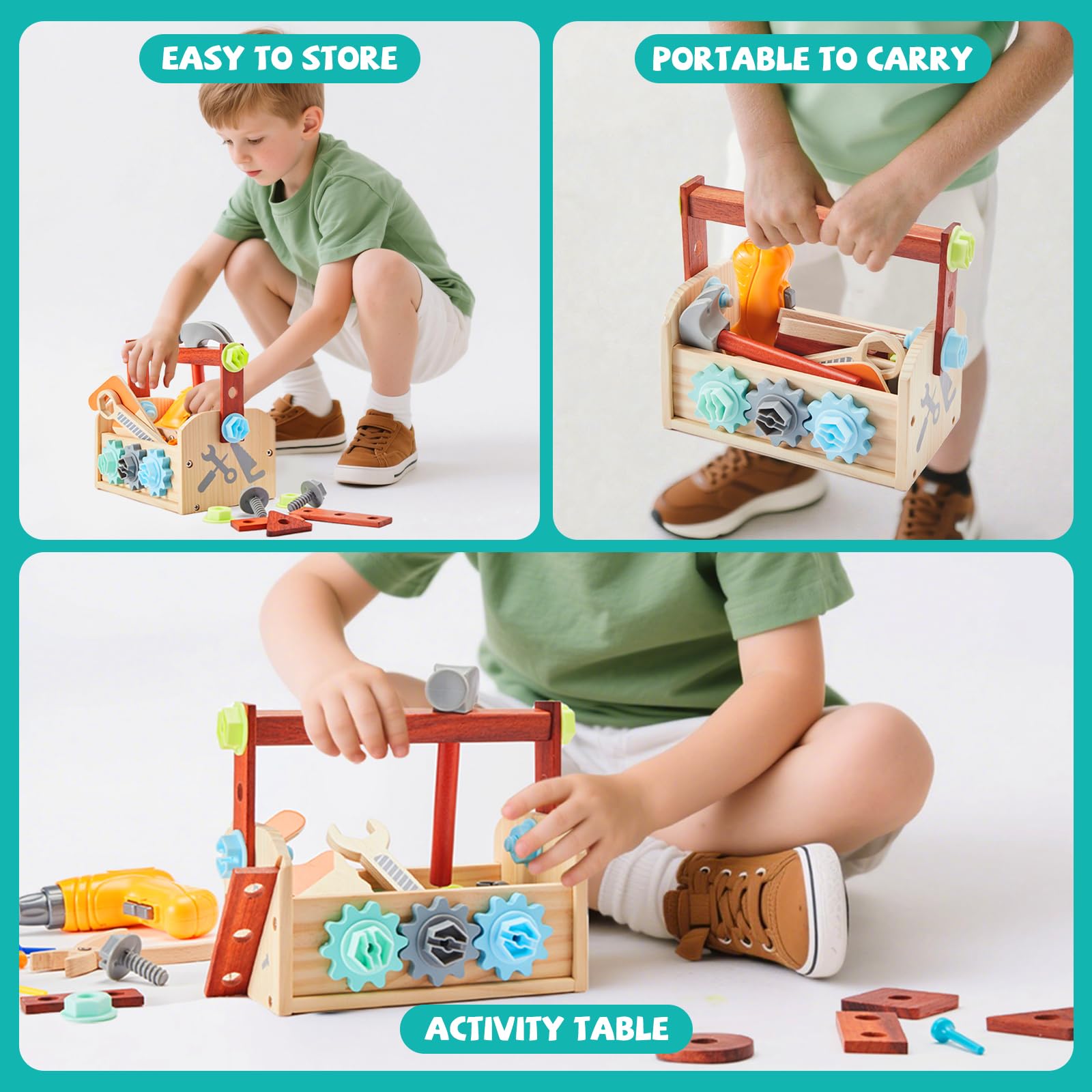 Juego de herramientas para niños – 54 piezas de herramientas de madera para niños pequeños con caja de madera, juguete educativo de construcción para niños de 2, 3, 4, 5, 6 años, taladro de juguete 5
