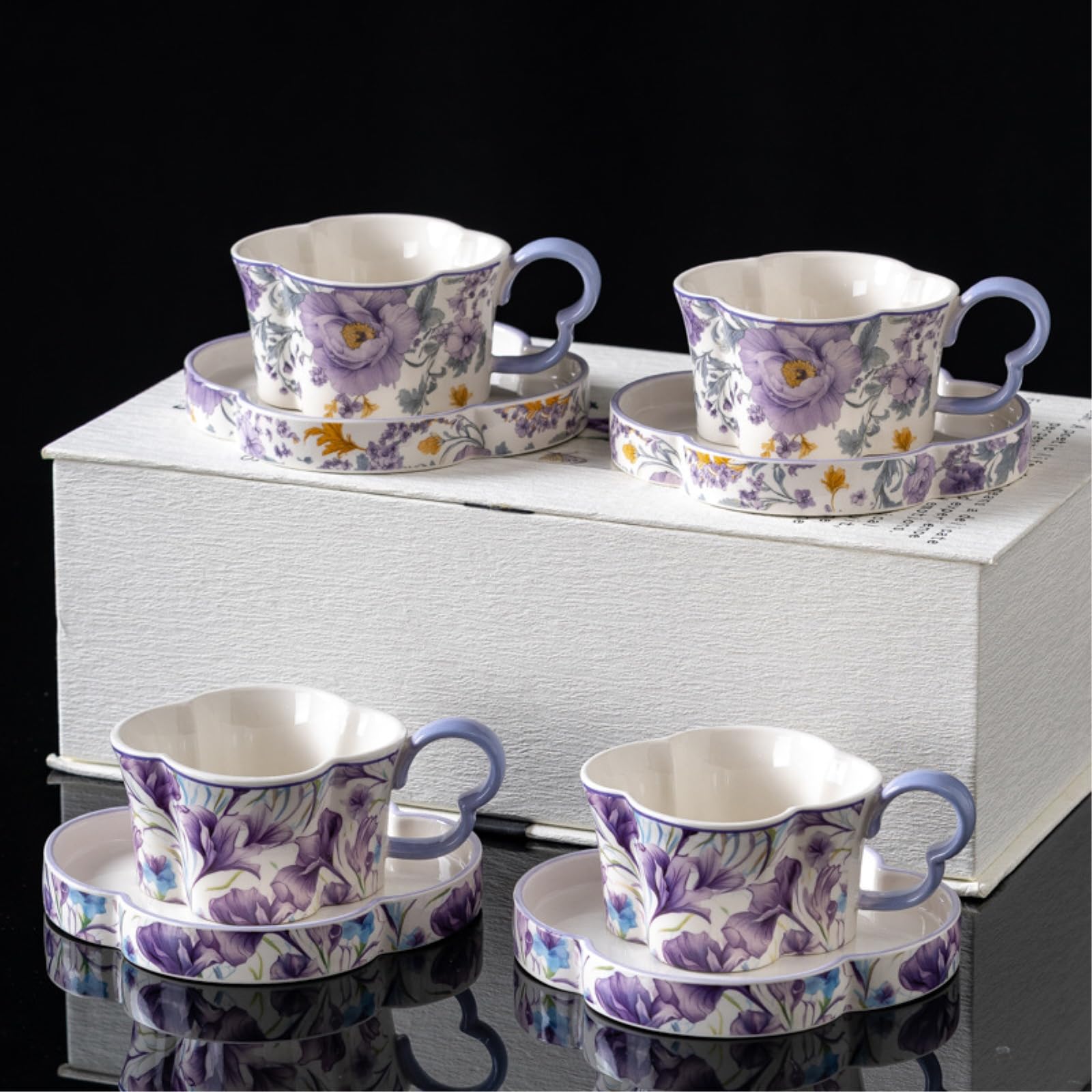 Ceramiczny zestaw filiżanek do herbaty i spodków z motywem motyla, fioletowy, do użytku domowego i biurowego, kolekcja poezji i odległych miejsc, zestaw 2 filiżanek z pudełkiem prezentowym
