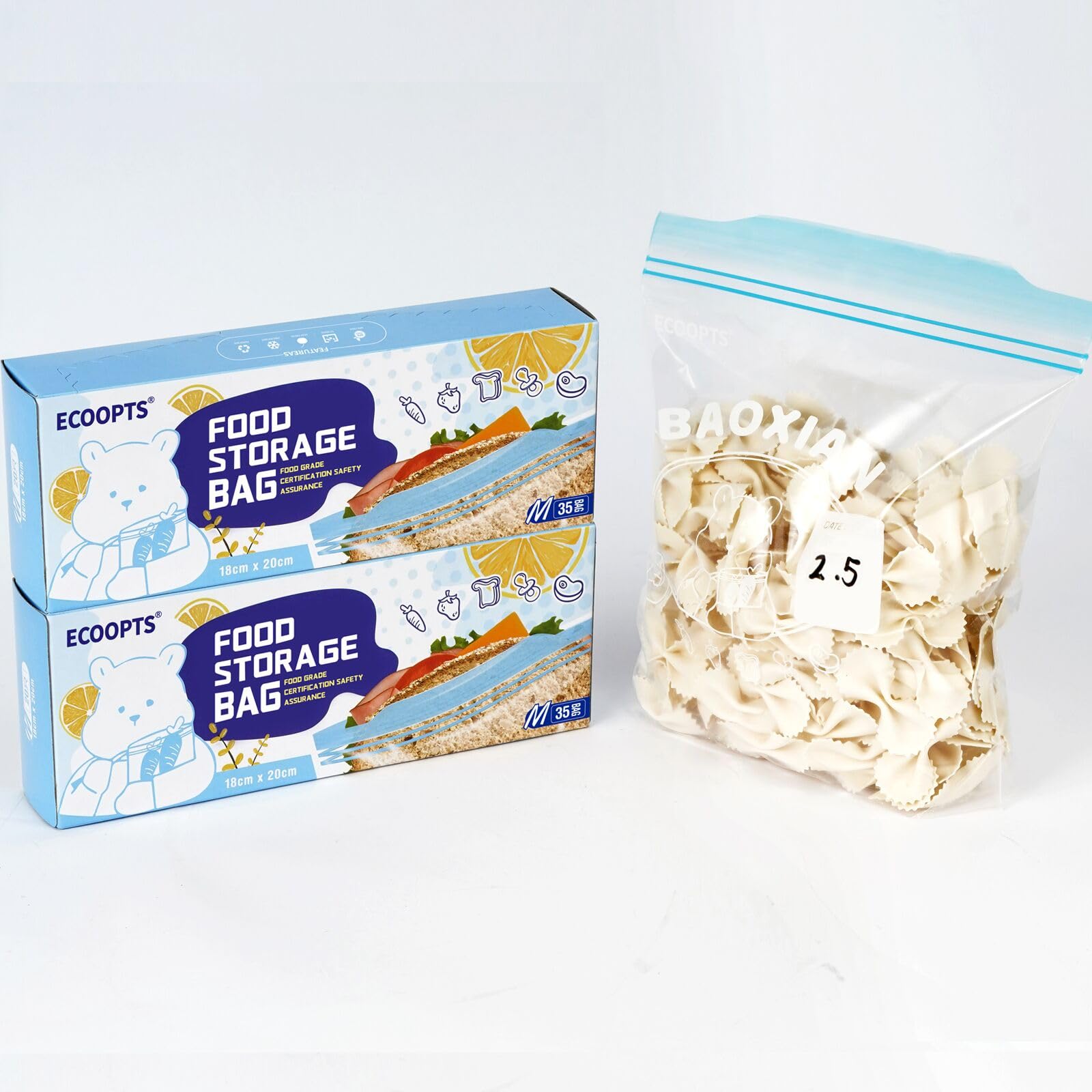 ECOOPTS 70×Zip Sandwich Size Freezer Bags | Ultra Strong Food Storage Bags with Double Zip | Airtight, Leakproof, BPA Free Plastic Food Bags (2 Pack 18 * 20 cm)