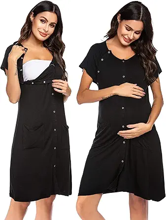 3 in 1 Nursing Dress Maternity Nightgown Labor/Delivery Breastfeeding Birthing Gown with Button