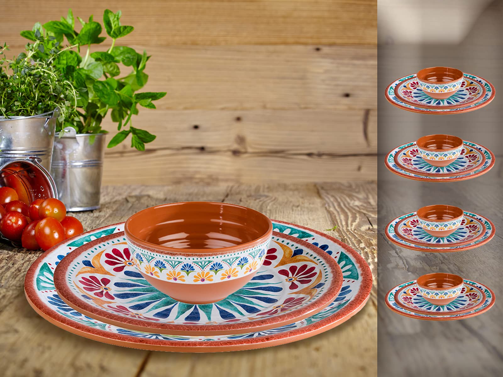 Melamin Ess-Geschirr Set für 4 Personen, Campinggeschirr mediterranes Design