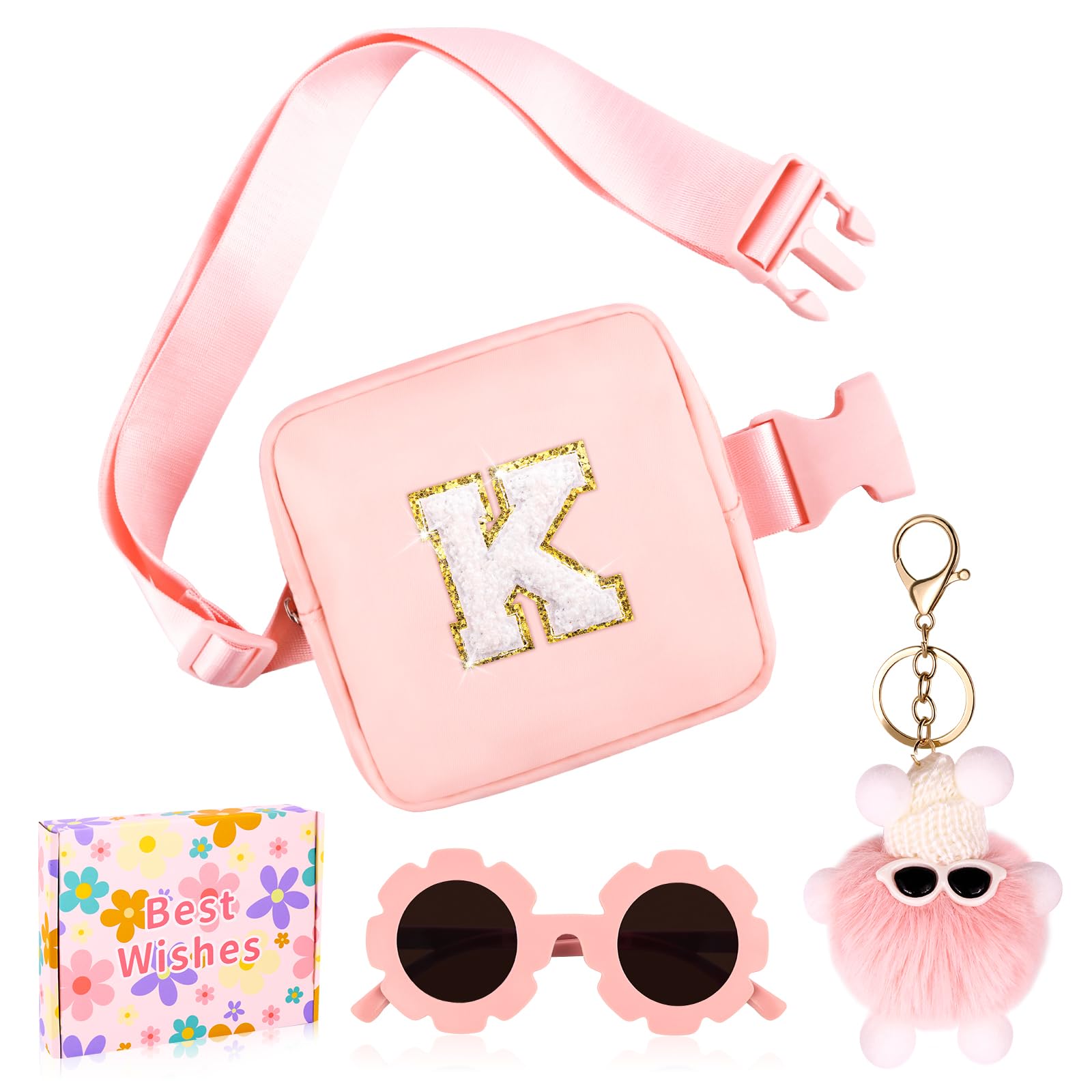 WINOWIMO Personalized Mini Fanny Pack for Kids with Sunglasses & Cute Keychain, Small Initial Belt Crossbody Bag Purse for Teen Girls, Birthday Gifts