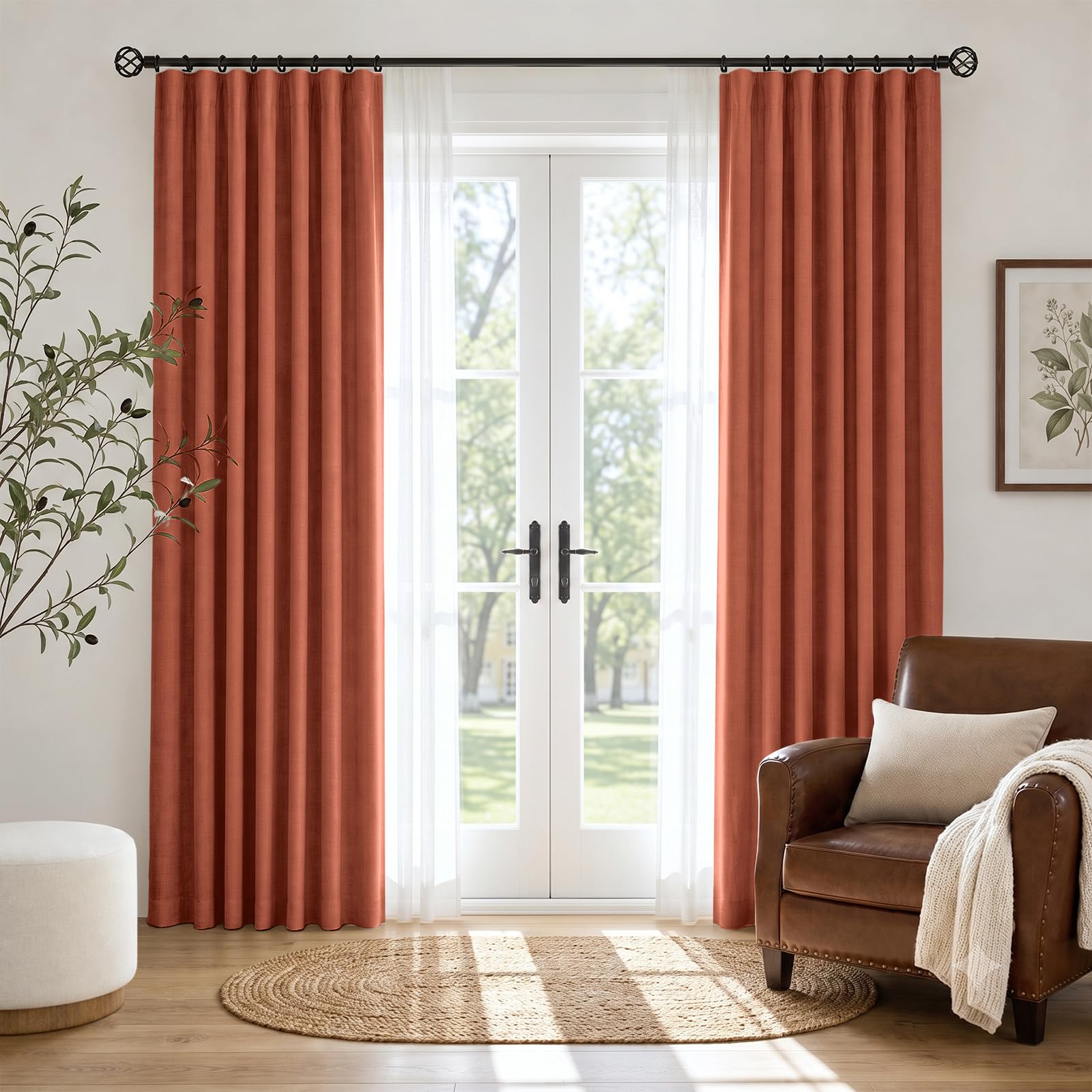 Lot de 2 rideaux 100 % occultants pour chambre à coucher, rideaux en faux lin à isolation thermique avec anneaux à clip et passe-tringle, pour salon ou salon (127 x 160 cm, orange)