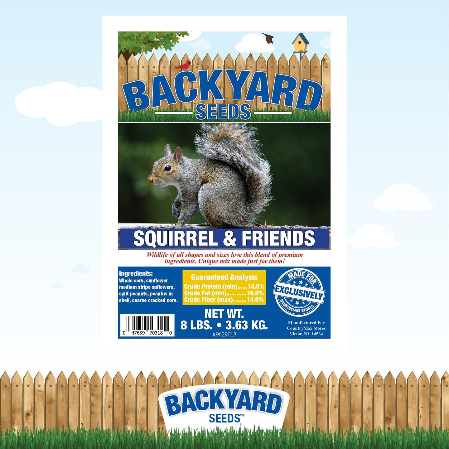 CountryMax Backyard Seeds Squirrel & Chipmunk Food Mix – 8 lb Bag – Premium Wildlife Blend with Sunflower Seeds, Peanuts & Corn – Ideal for Squirrels, Chipmunks, Rabbits & Backyard Birds​