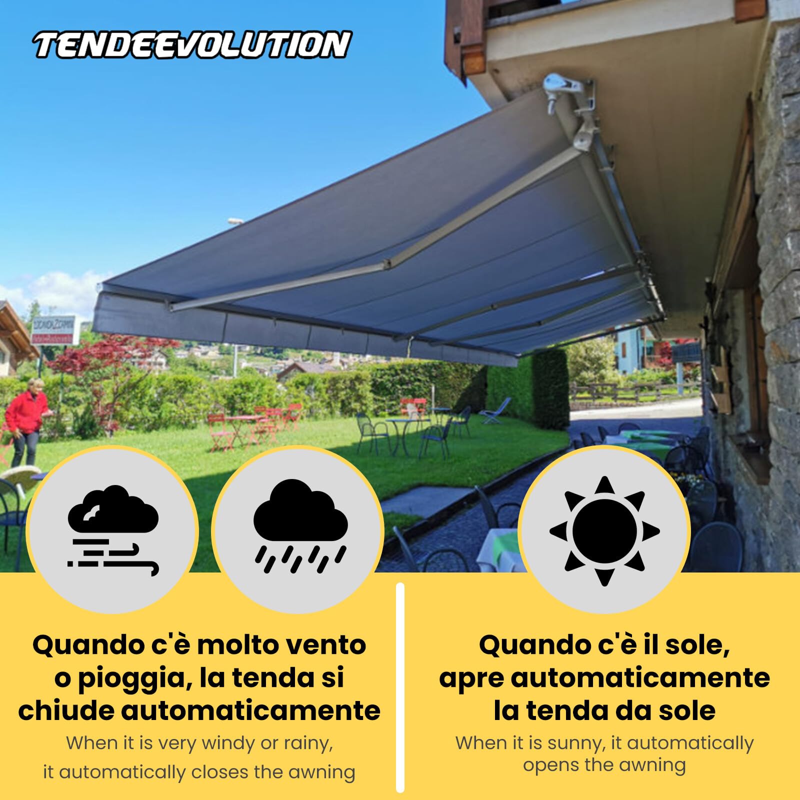 TENDEEVOLUTION Markisensteuerung Wind Sonne Regen mit Windmesser, Regensensor und Fernbedienung, Markise mit Motor und Sonnensensor (Regen und Windsensor)