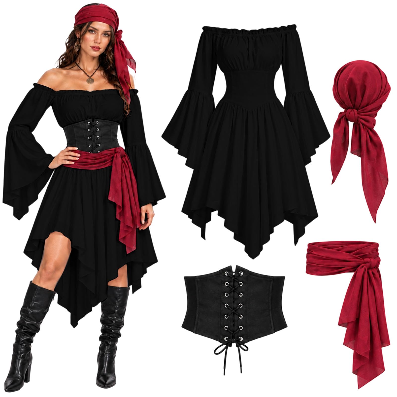 Pirate Costume Women 4 PCS Fancy Dress for Adults Halloween Costumes for Women Medieval Costume Plus Size Womens Pirate Costumes Ladies Cosplay Medieval Dress Gothic Halloween Pirates Outfits Black — image 1