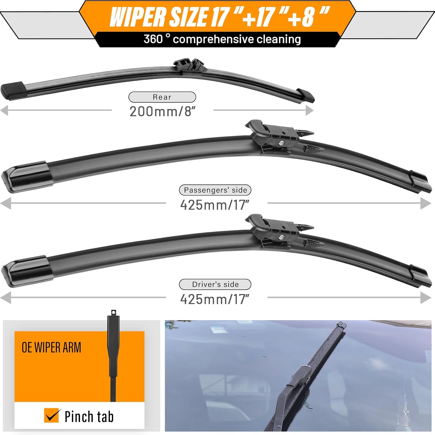AUTOBOO 3-Pack Windshield Wiper Blades for Ford Bronco 2021-2025, Original Equipment Replacement 17"+17" Front and 8" Rear, All-Weather Performance, Easy One-Click Install