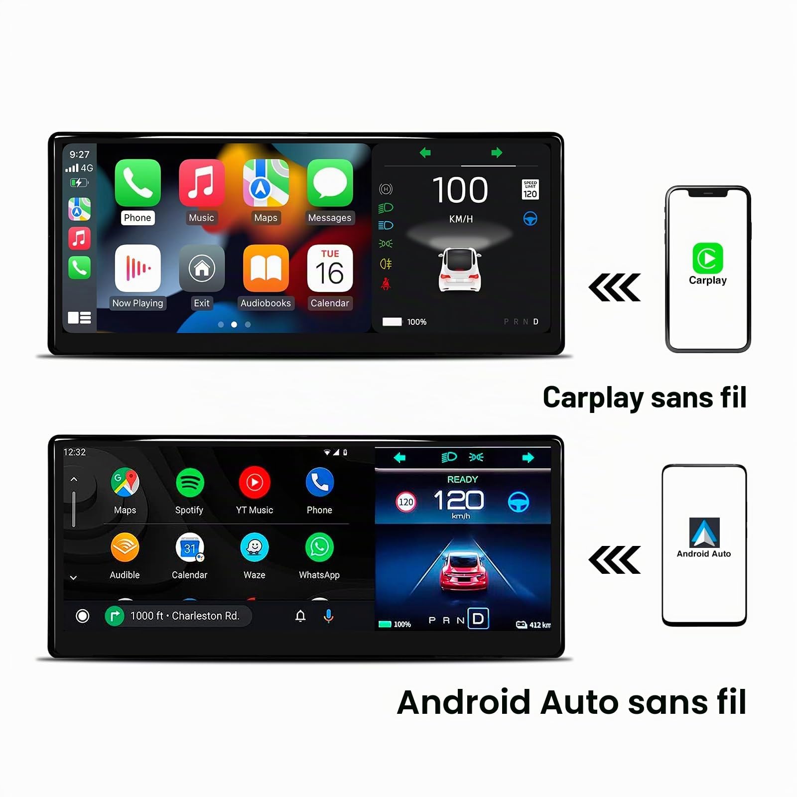 Affichage tête Haute pour Tesla Model Y 2019-2024 & Model 3 2017-2023 avec Carplay sans Fil/câblé Android Auto Bluetooth Données synchrones Affiche la Batterie, Le kilométrage, la Vitesse(9 Pouces)