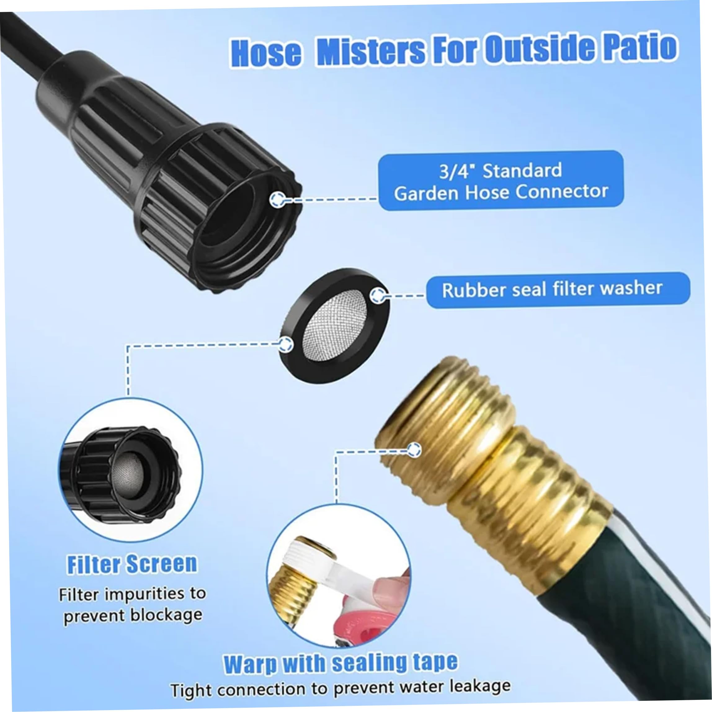 Outdoor Mister – verstellbares, tragbares Terrassen-Nebelsystem, 76 Zoll verstopfungssicherer 3/4-Zoll-Schlauchanschluss, blau