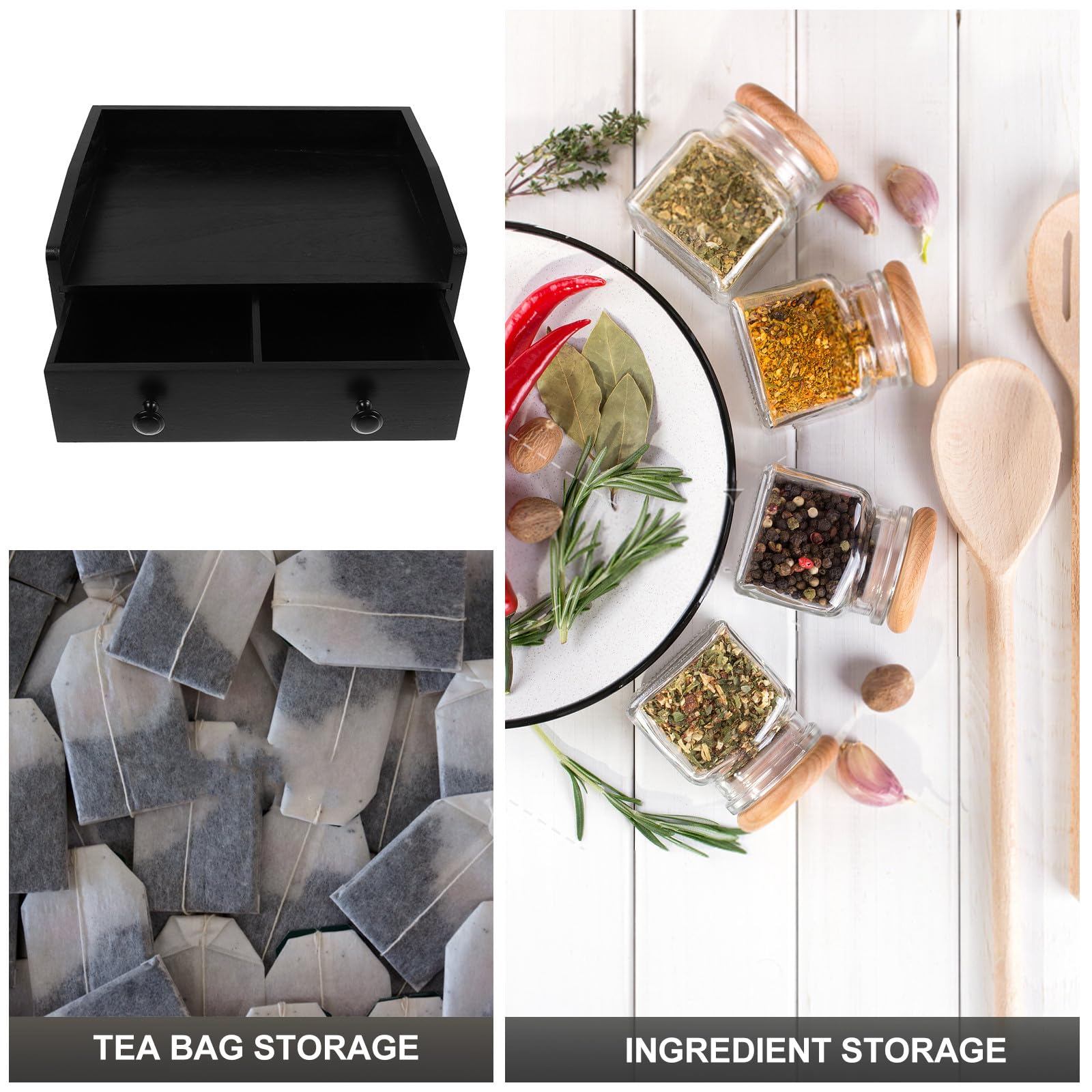 Uonlytech Armario de Almacenamiento de Sobremesa de Madera Negro con Gran Capacidad y Diseño Multifuncional para Organizar Bolsitas de Té y Café en Oficina o Decoración del Hogar