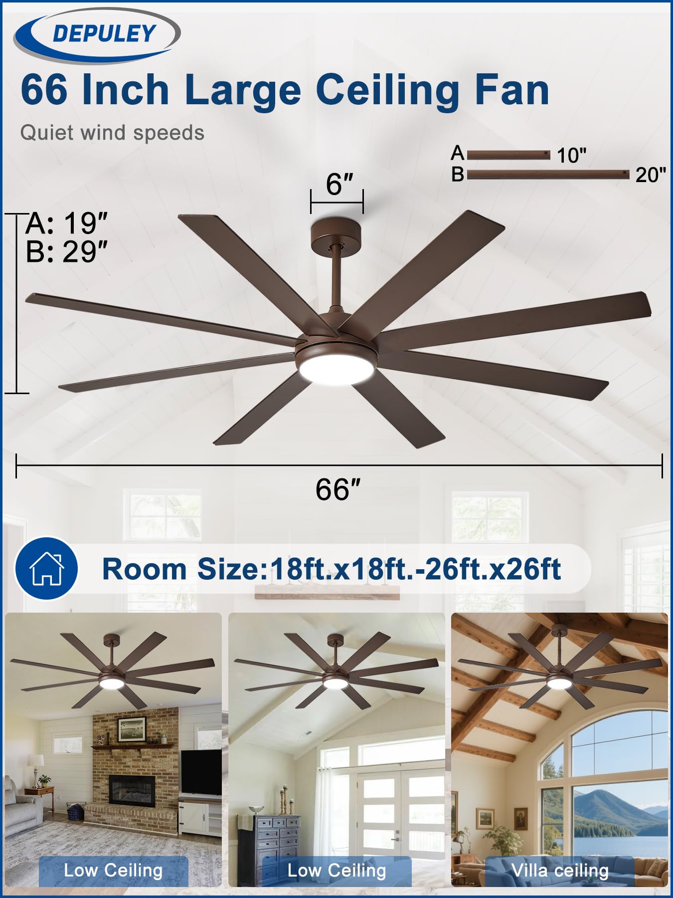 Depuley Ventilateurs de plafond 66 pouces avec éclairage: Grand ventilateur de plafond extérieur pour salon - Ventiladores de techo grandes de 8 aspas con mando a distancia