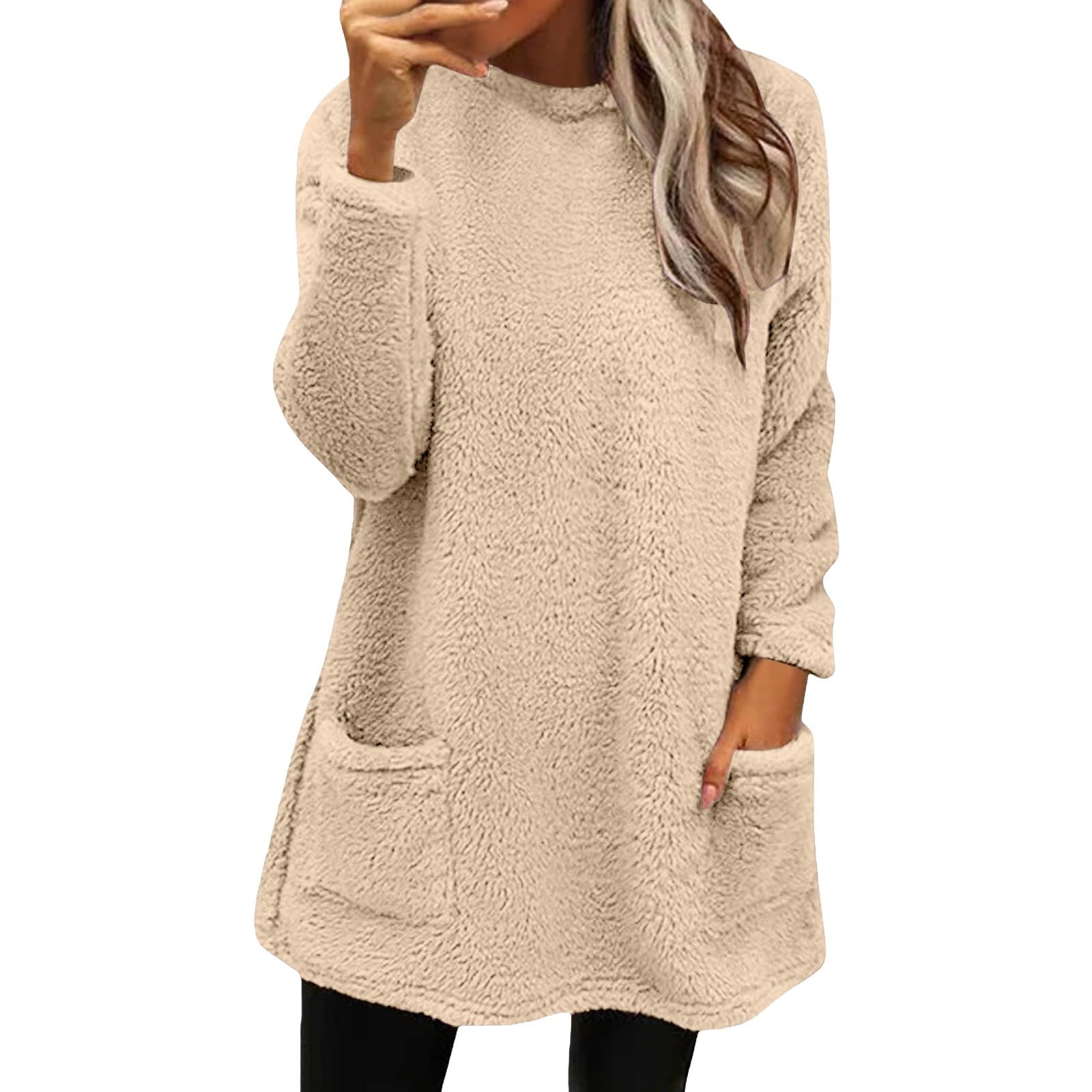 Cozy Sweaters for Women Oversized Fuzzy Crewneck Sherpa Pullover Tops 2025 Fall Winter Warm Clothes with Pockets