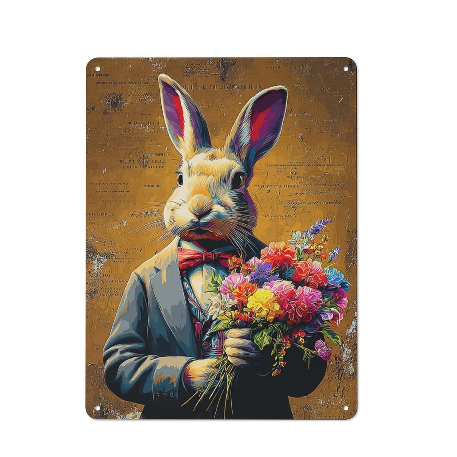 Junmoney Rabbit In Suit Holding Flowers -1 Tin Sign With Design 40X30cm, Vintage Workshop Wall Decor For Tool Room, Garage, Studio Or Home Bar