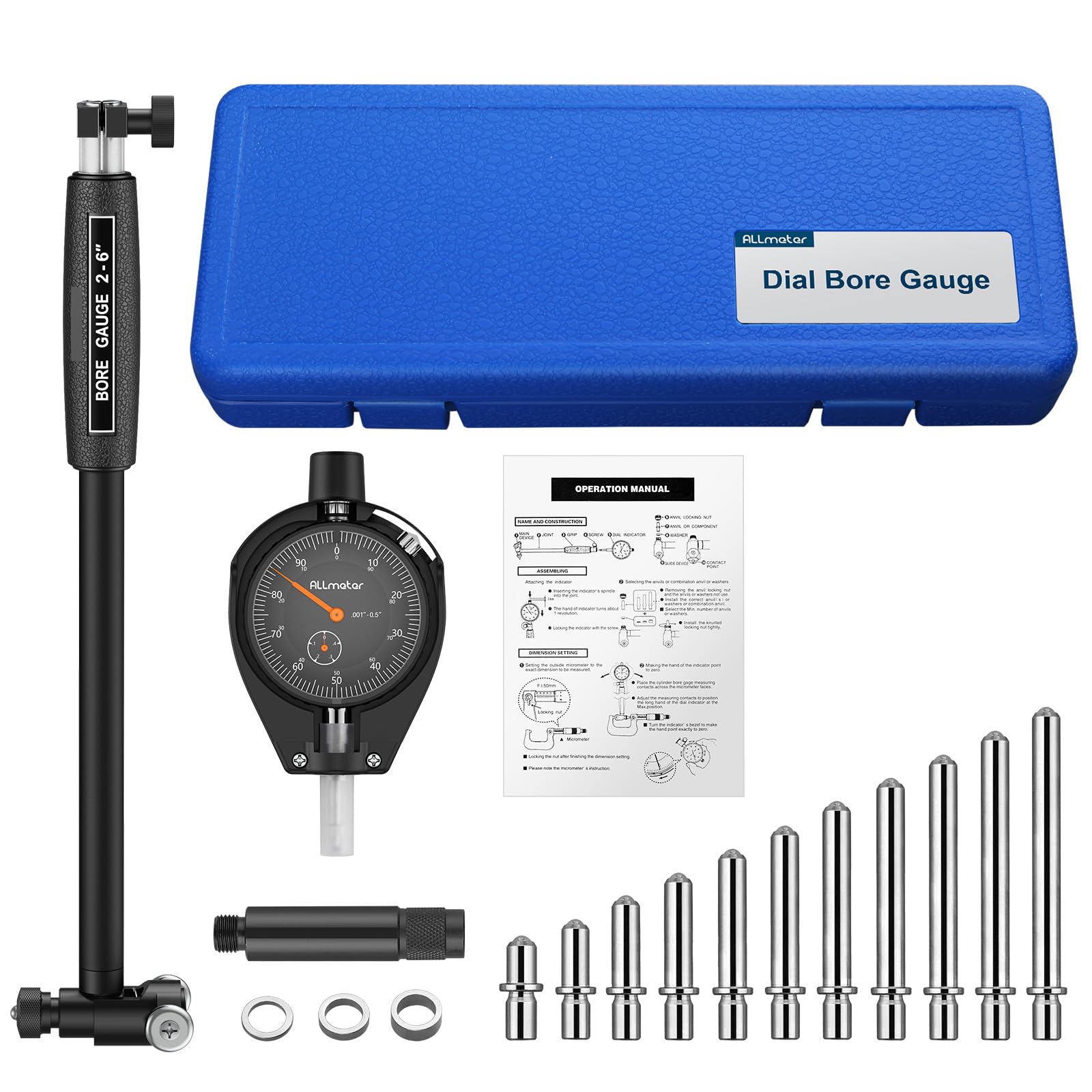 Jauge d'alésage Comparateur mecanique 50-160 mm Profondeur 150 mm Mesure interne outil pour cylindre Précision 0,01 mm Avec Tige de mesure Et 12 Sondes standard