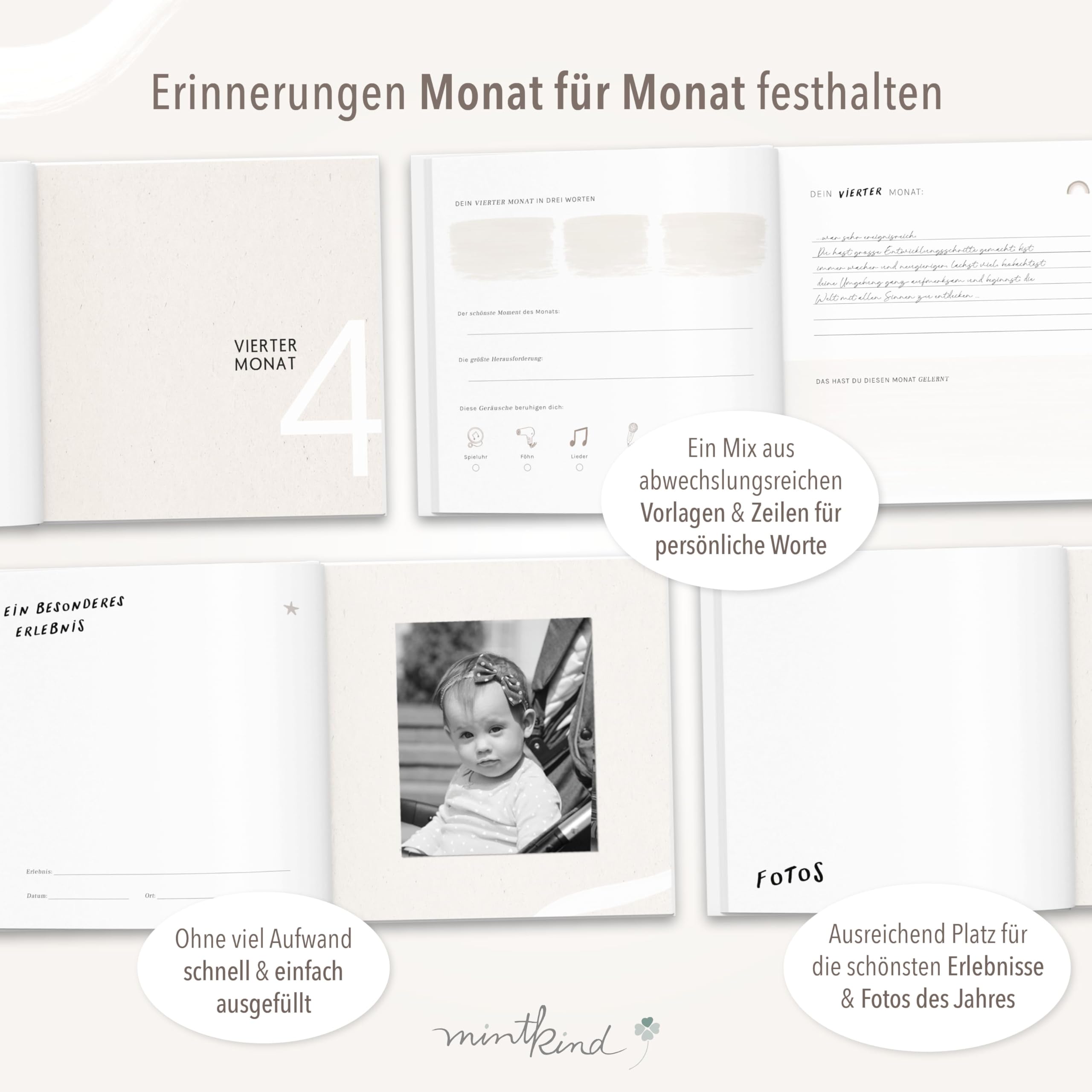 mintkind® Babytagebuch mein erstes Jahr Babyalbum Erinnerungsbuch Baby Coffee Table Edition Leineneinband beige 24x22 cm 132 Seiten Geschenk zur Geburt erstes Lebensjahr mit Platz für Fotos Notizen