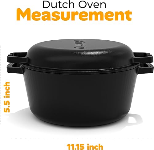 KICHLY 2 En 1 Four Hollandais En Fonte Pré-Assaisonné Avec Couvercle De Poêle A Griller A Double Usage - Cuire Au Four, Frire, Rôtir, Ragoût Et Griller - Cuisson A L'intérieur Et A L'extérieur - 2