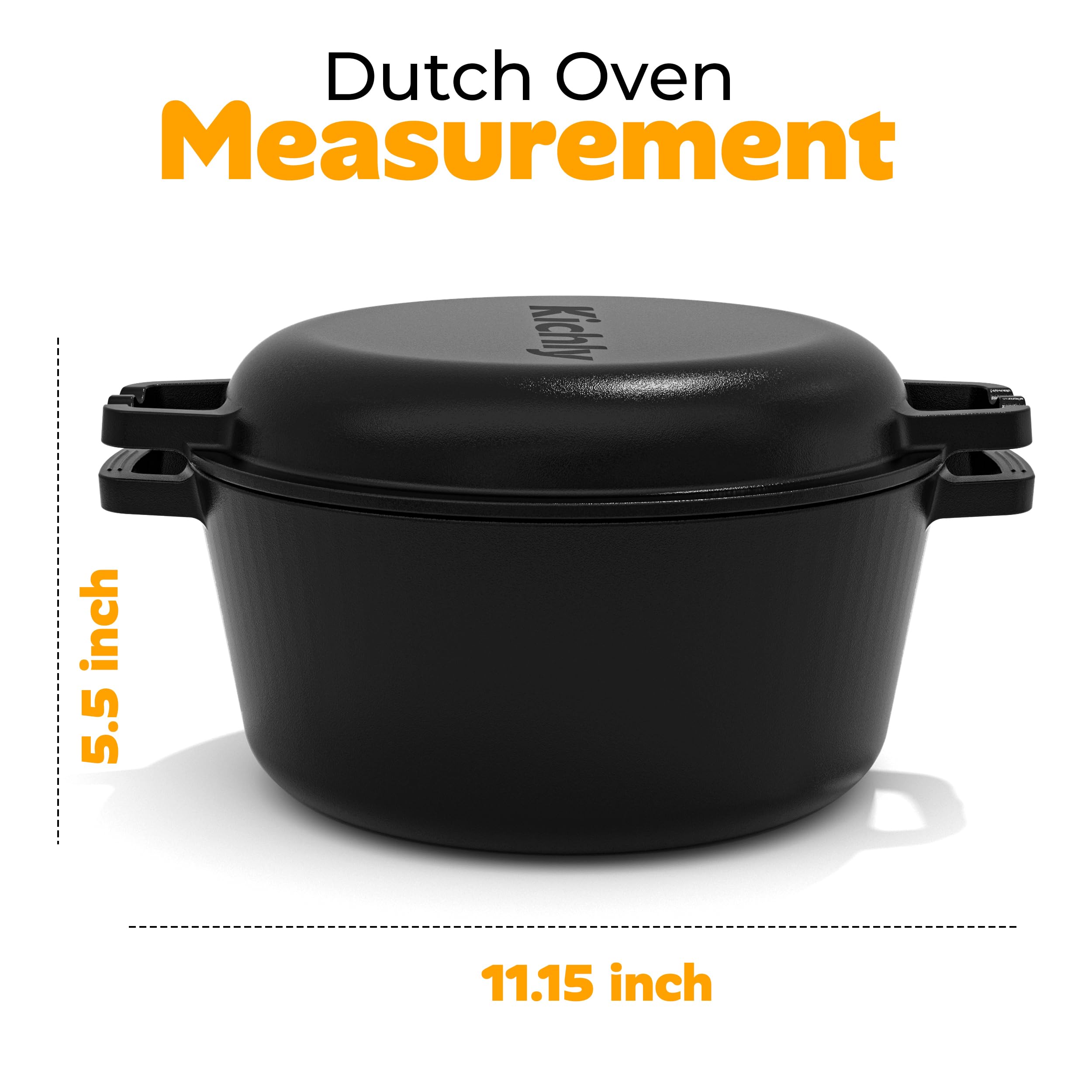 KICHLY 2 in 1 Gusseisen Topf Mit Doppelter Zweck Grillpfannendeckel - Vorgewürzter Gusseiserner Dutch Oven – Brot Backen, Kochen, Braten, Schmoren & Grillen – Im Innen- Und Außenbereich