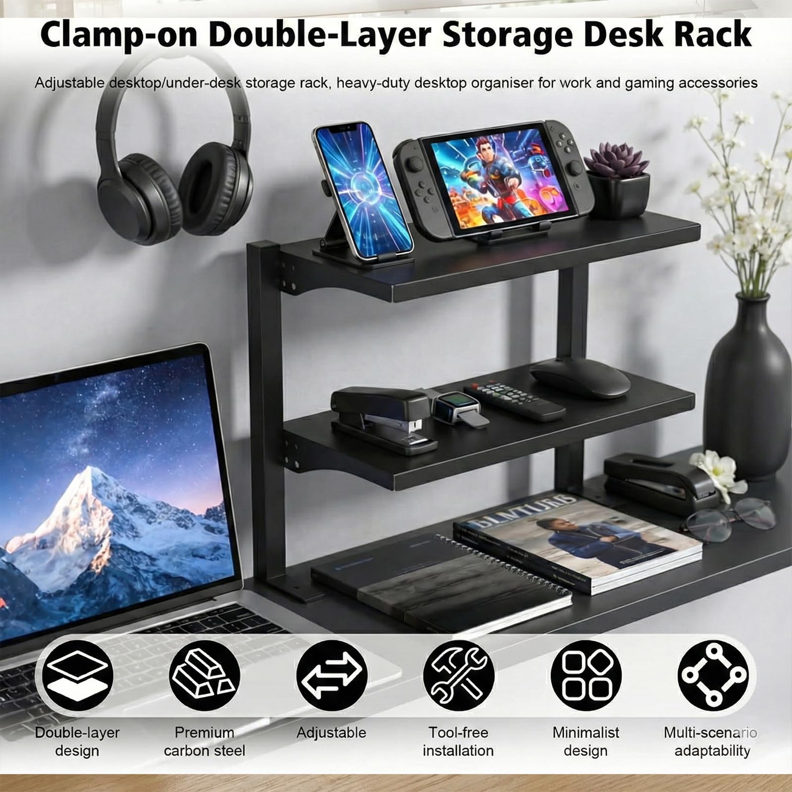 Organisateur de Bureau à Pince de 16 Pouces, Étagère de Table à 2 Niveaux Au-Dessus ou en Dessous pour Les Accessoires de Bureau, etc, Etagere Cuisine, Noir