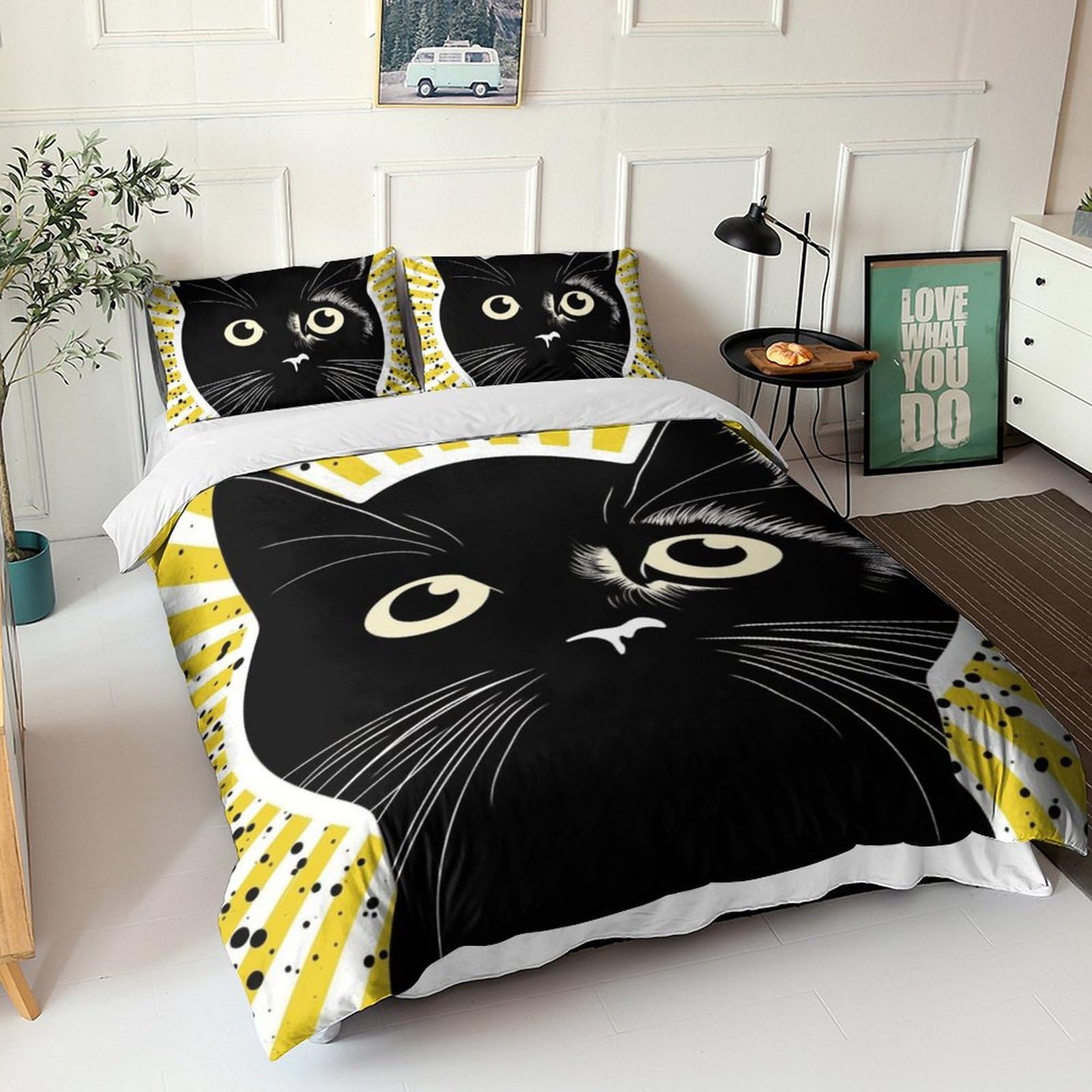 Housse de couette 3 pièces chat noir artistique pour sublimer la déco de votre chambre